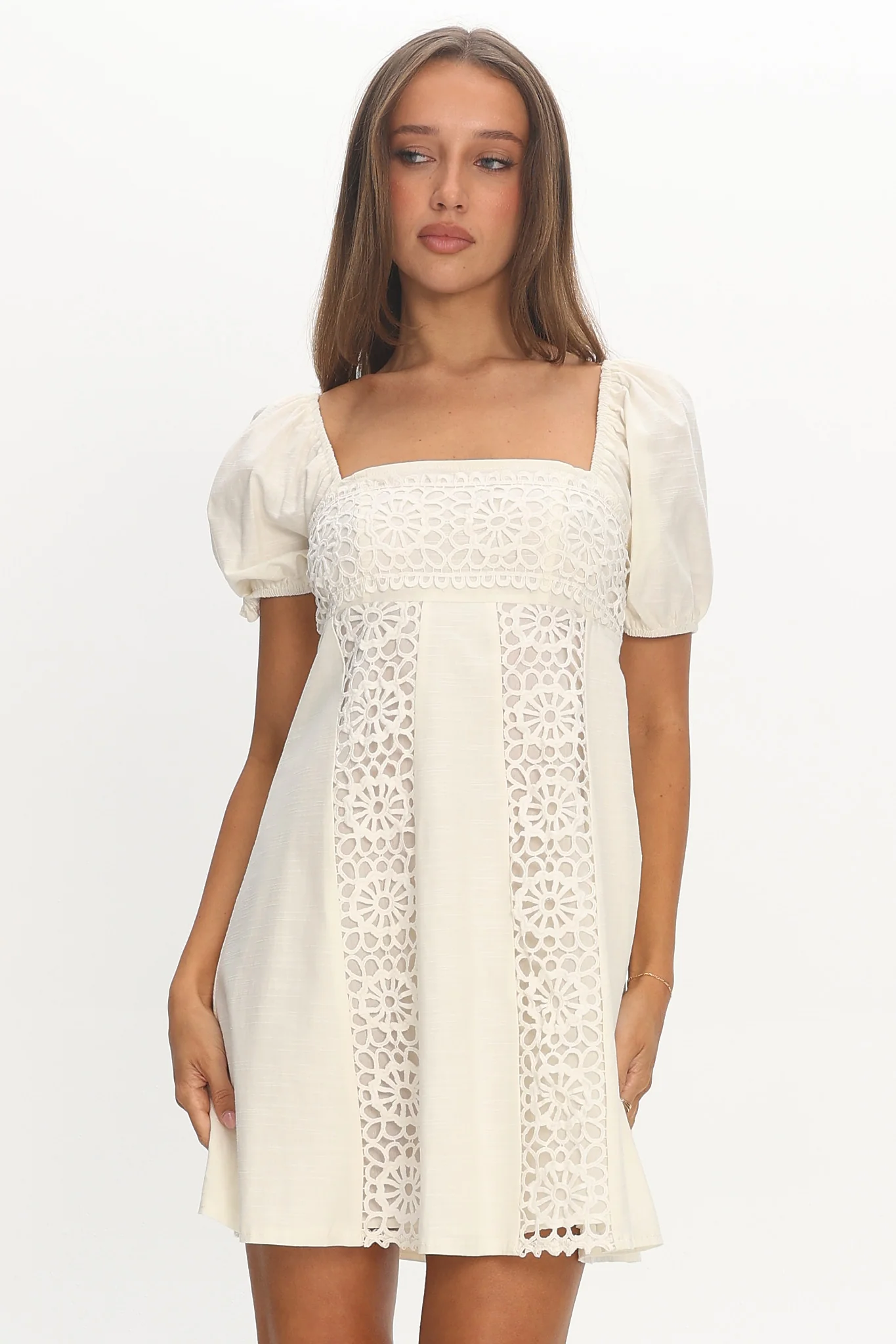Highlight Reels Puff Sleeve Lace Mini Dress Cream - luluinthesky
