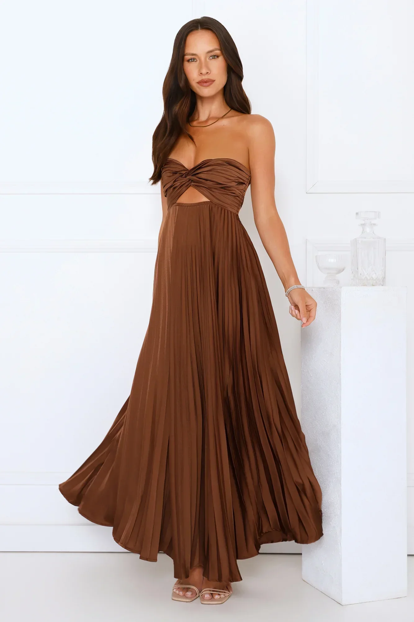 Vibes Are Priceless Strapless Satin Pleated Maxi Dress