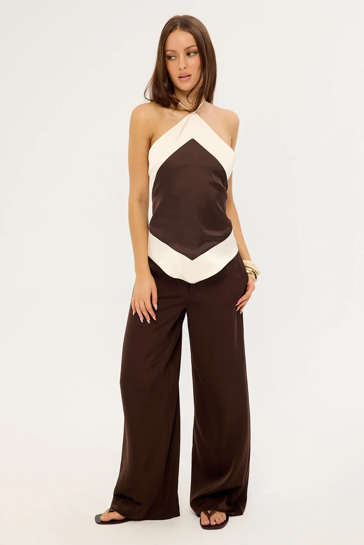 Luck & Trouble Rosa Satin Halter Tie Top Brown