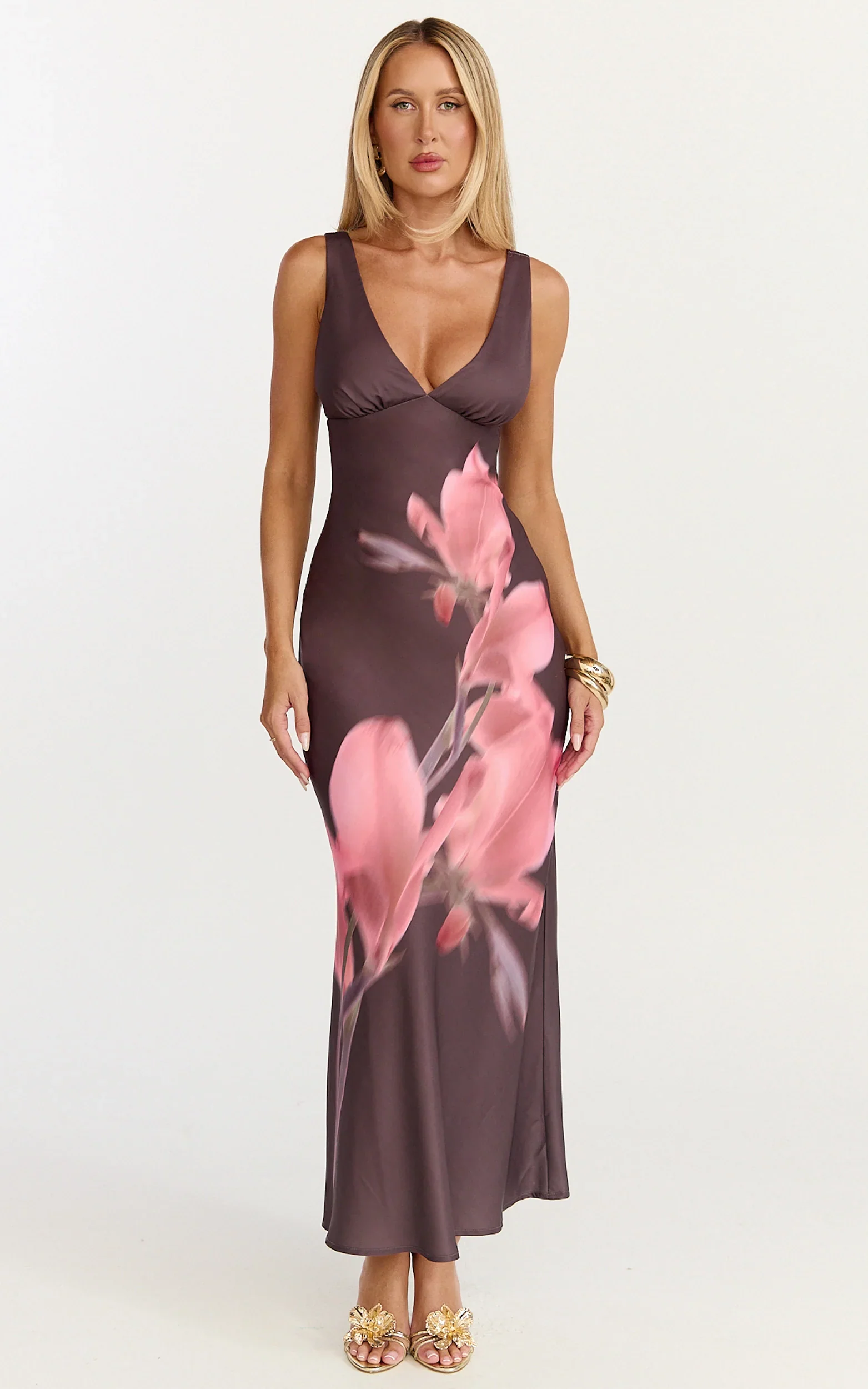 Elowen Midi Dress - Deep V Neck Satin Dress in Floral Print