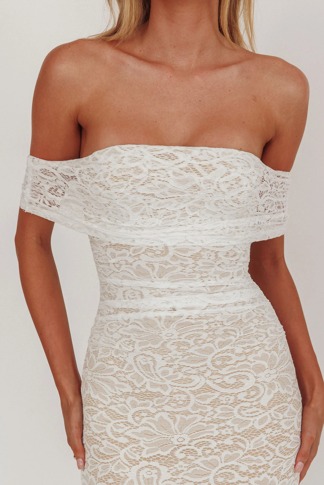 Flutters Off-Shoulder Lace Maxi Dress White