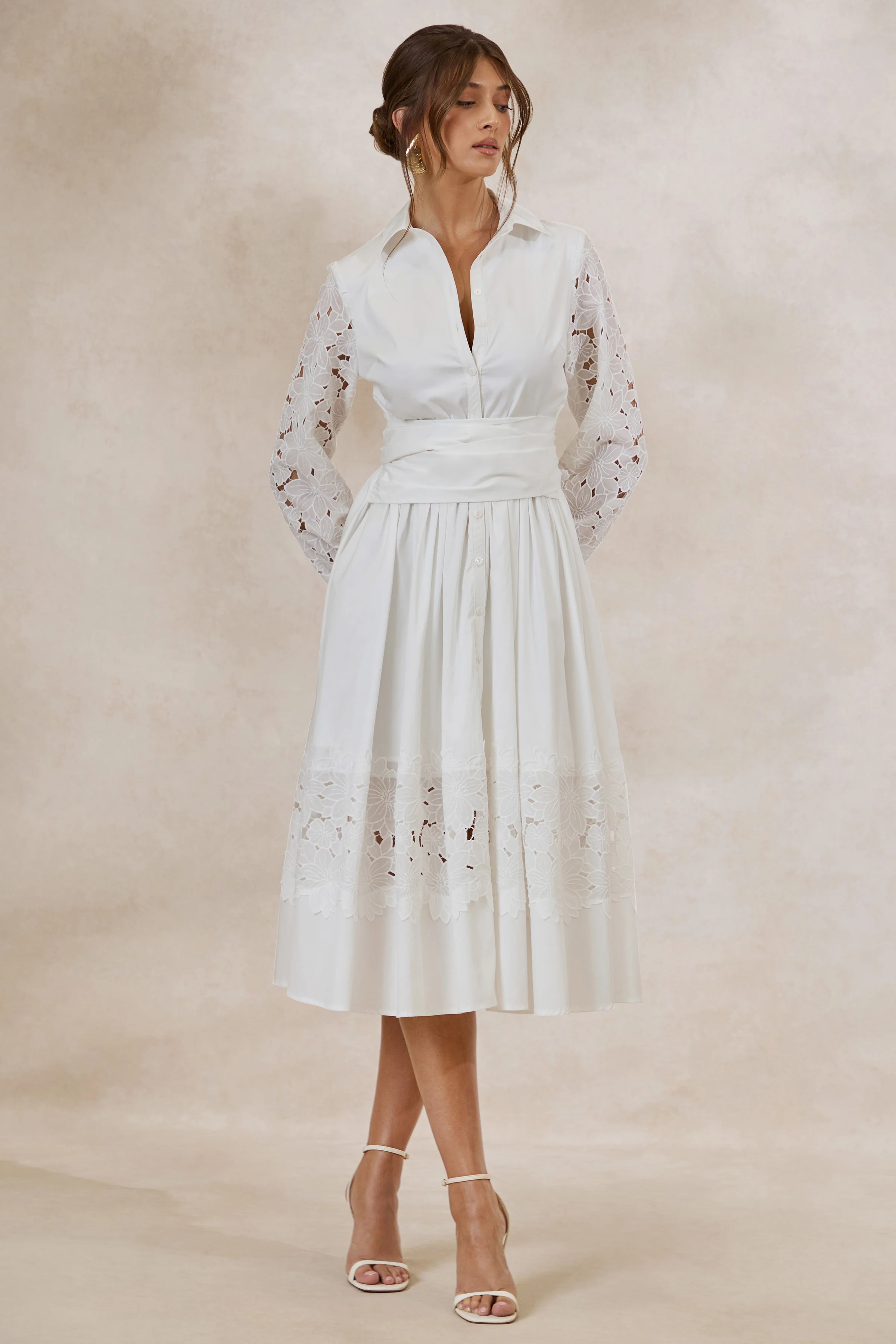 Zalynne | White Broderie Collared-Neck Midi Dress