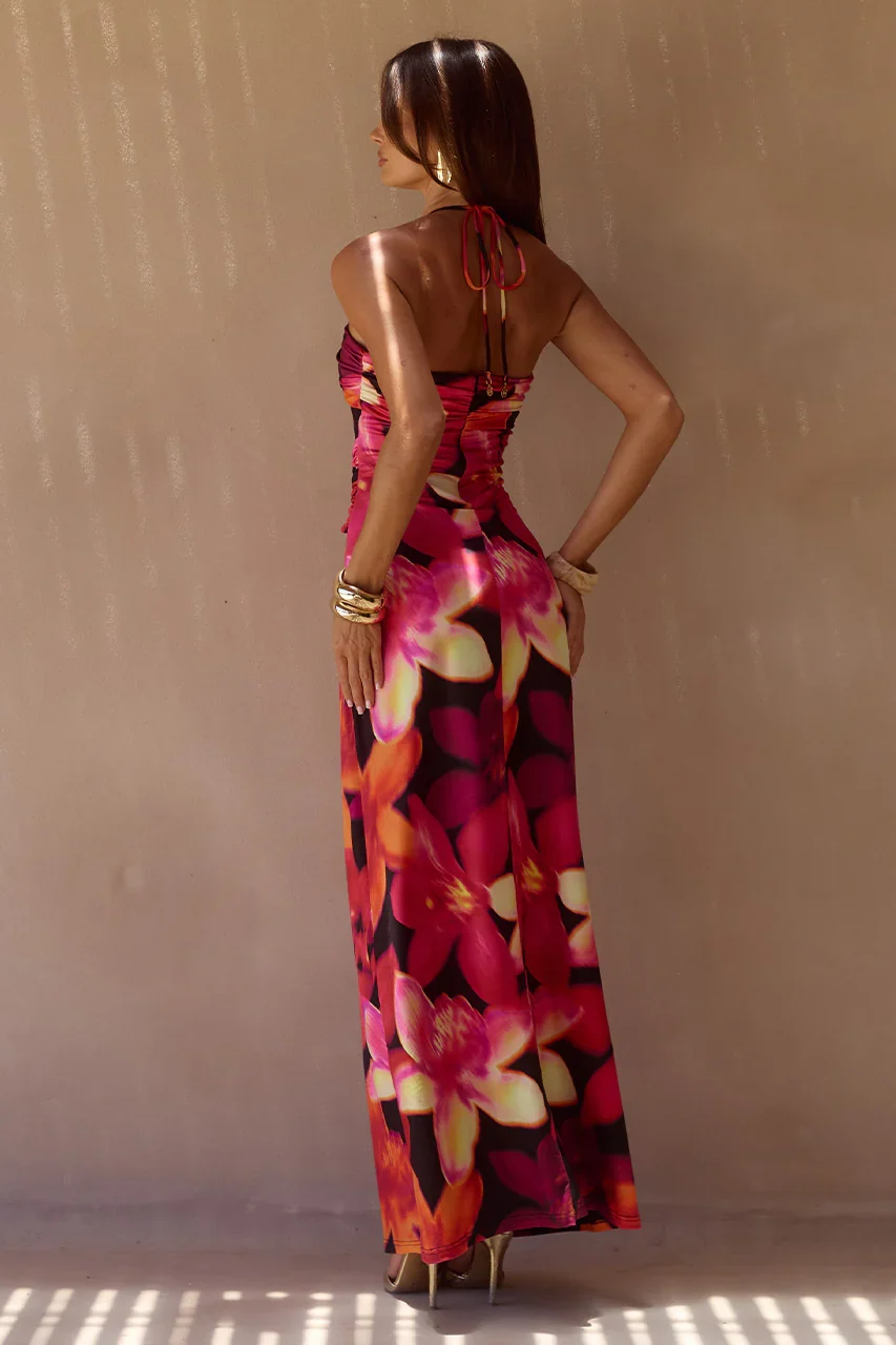 NINA RUCHED HALTER MAXI DRESS - SKYE BLACK