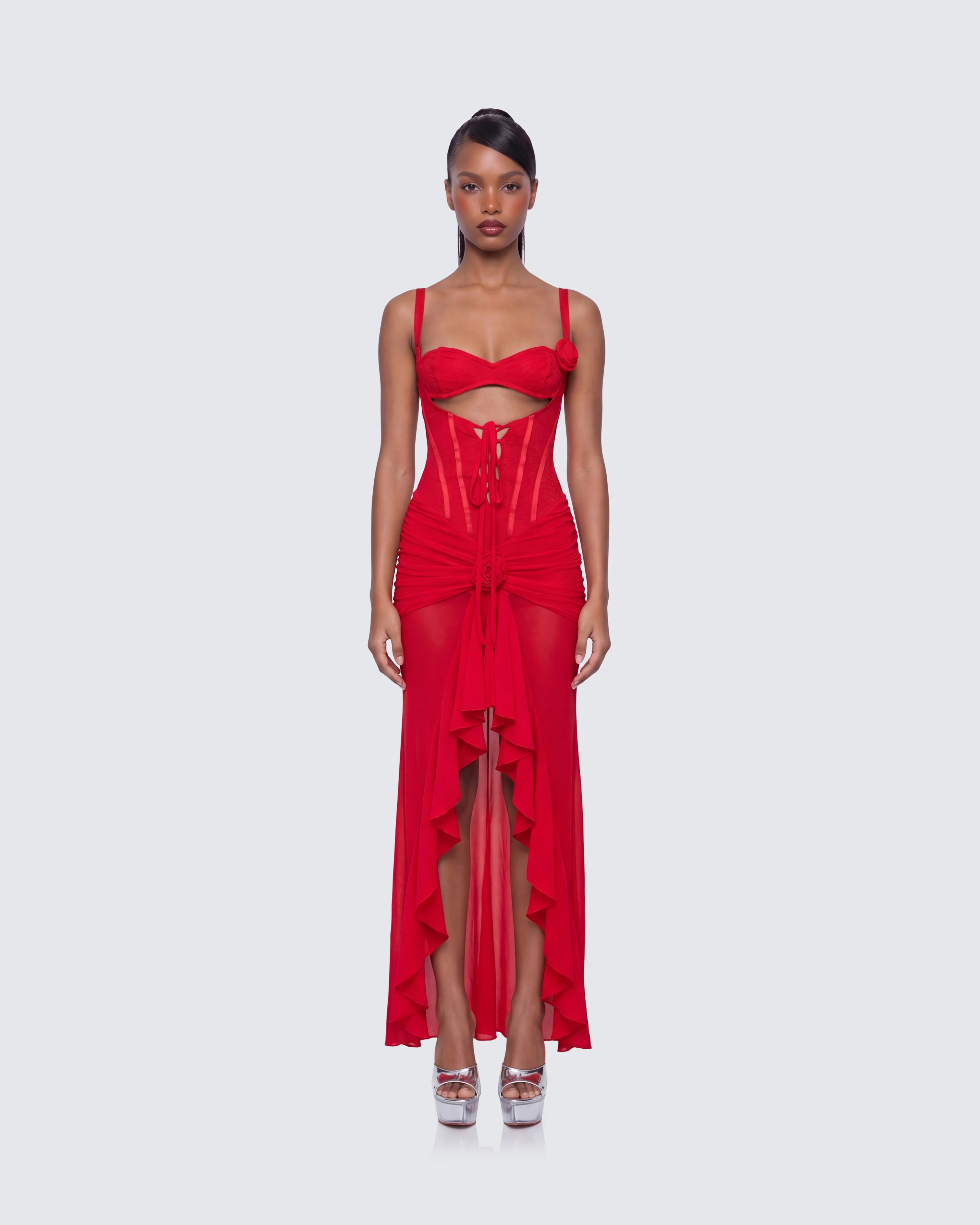 Solana Red Lace and Mesh Maxi Dress