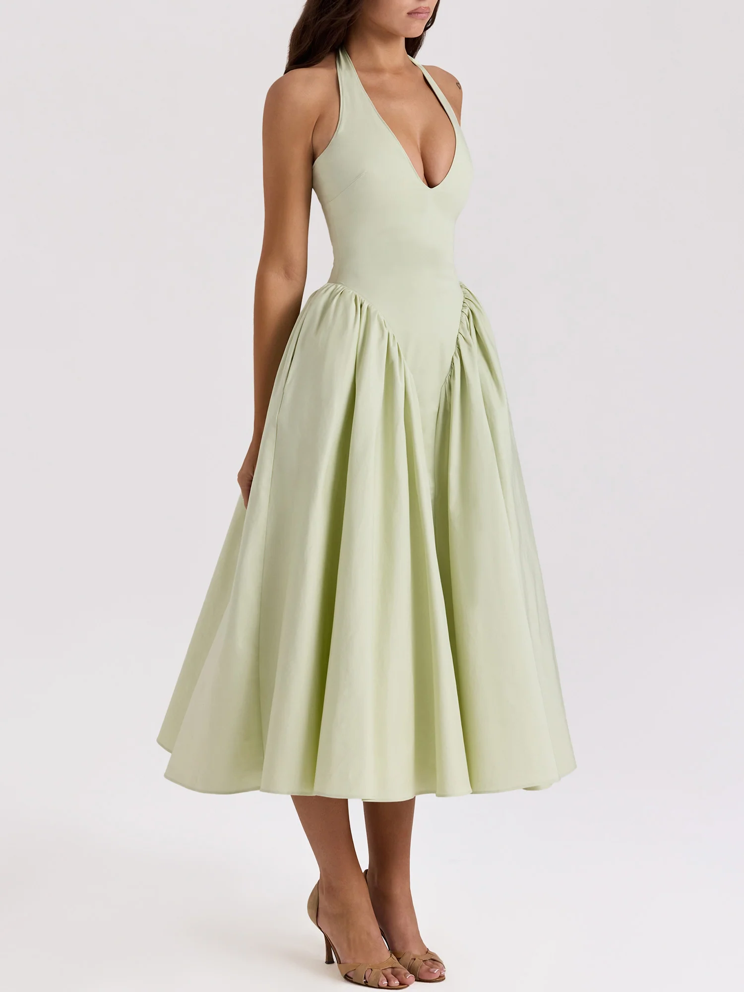 Pleated A-Line Halter Midi Dress