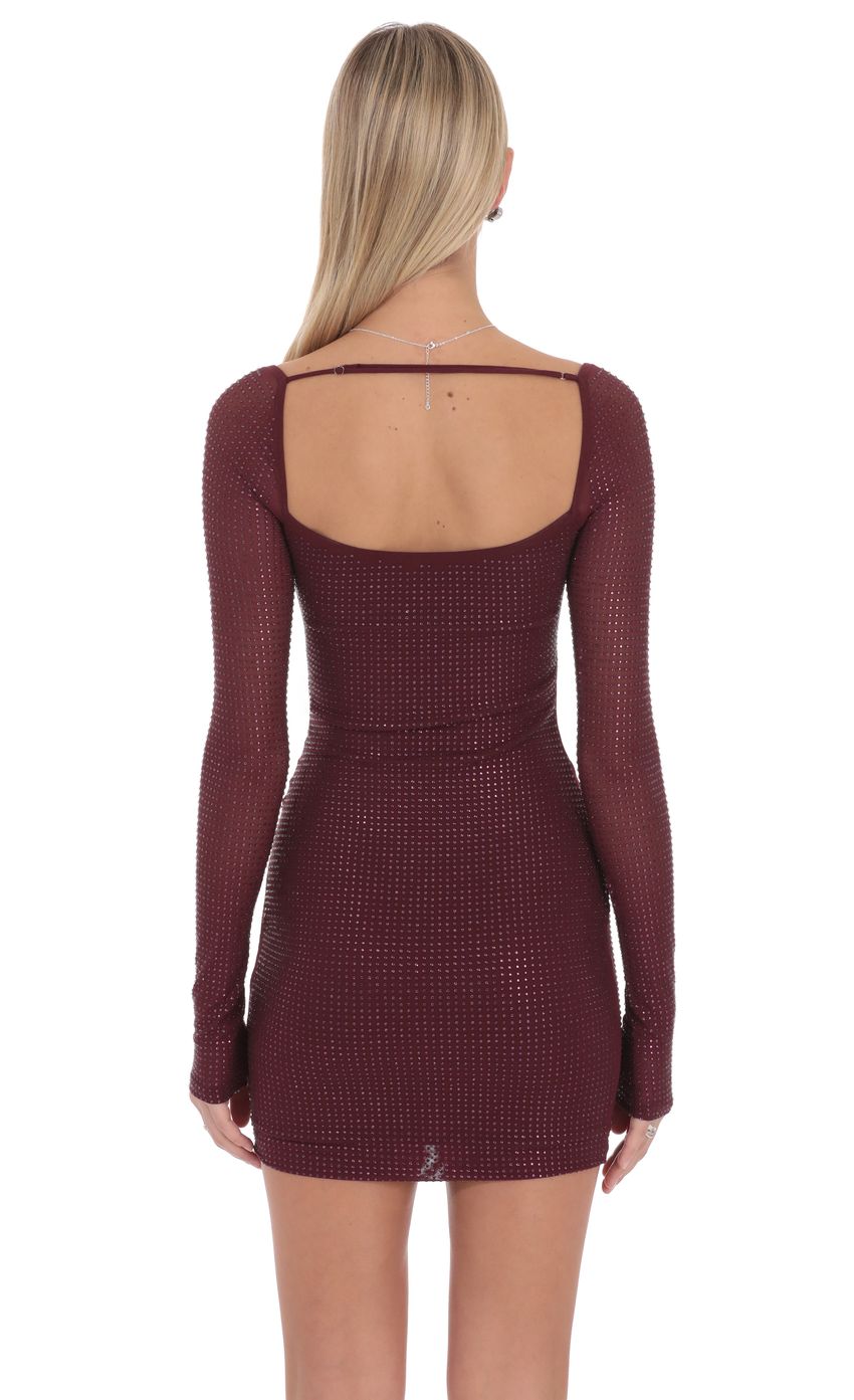 Rhinestone Long Sleeve Mini Dress in Maroon