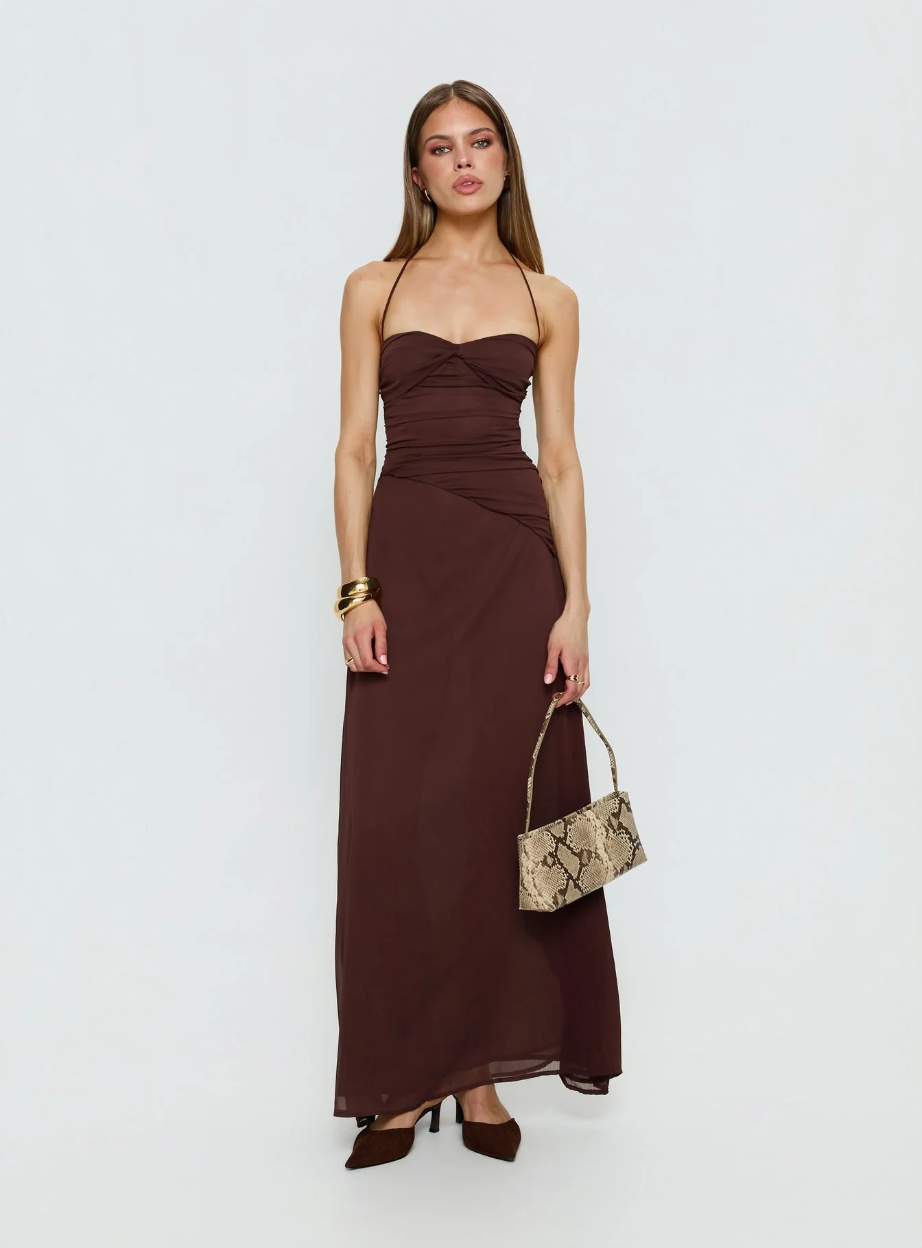 Kaemila Halter Chiffon Maxi Dress Brown - luluinthesky