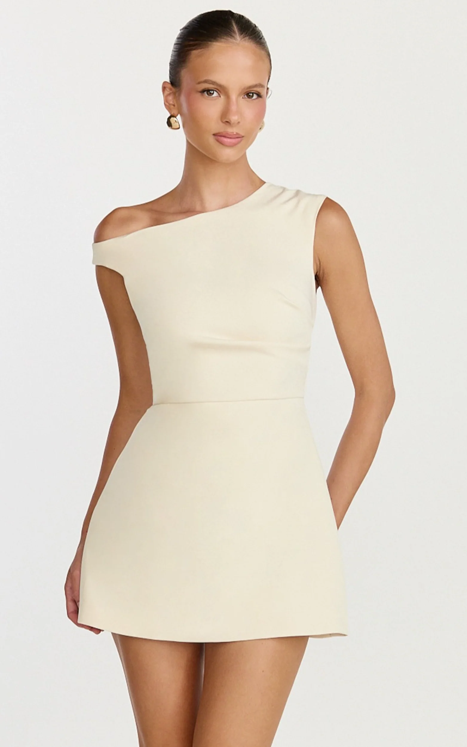 Claire Mini Dress - Tipped Shoulder Tulip Skirt Dress in White