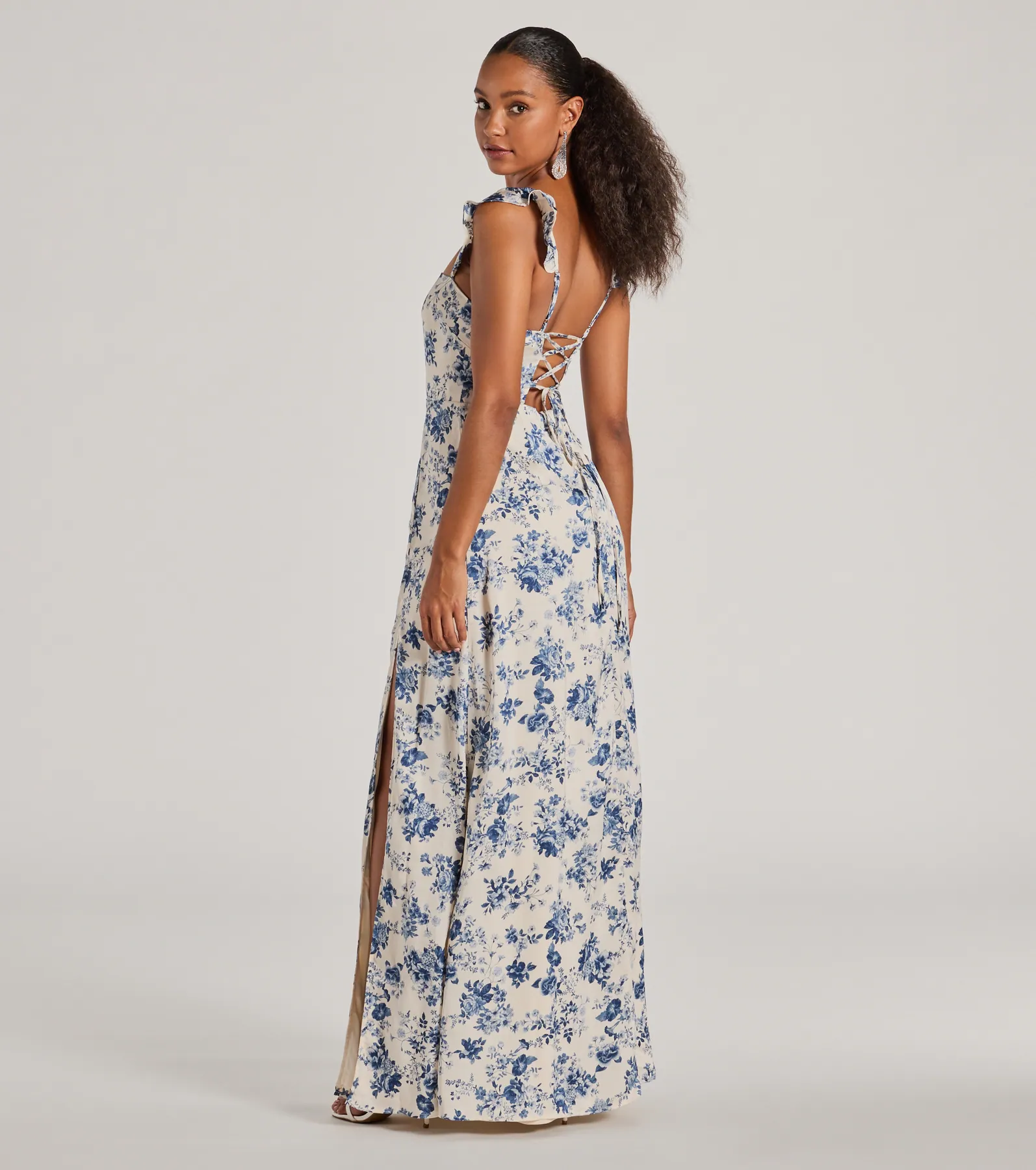 Corrie Lace-Up Floral Satin A-Line Formal Dress