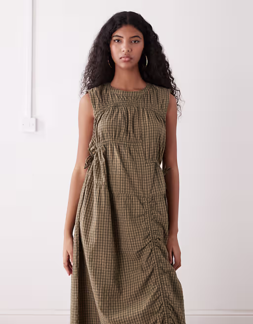 COLLUSION multi channel midi dress in green plaid