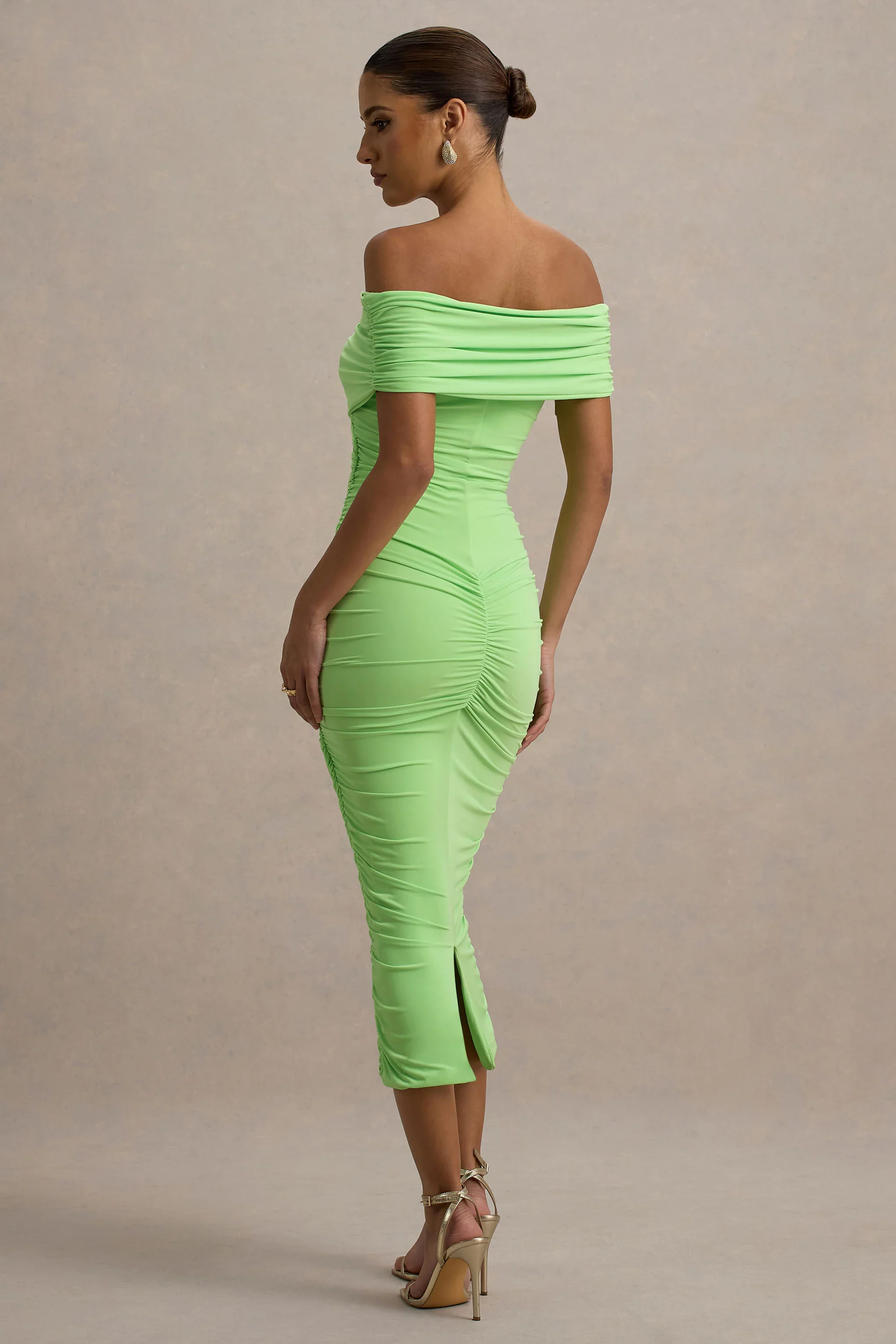 Unwrapped | Light Green Ruched Twist Bardot Midi Dress