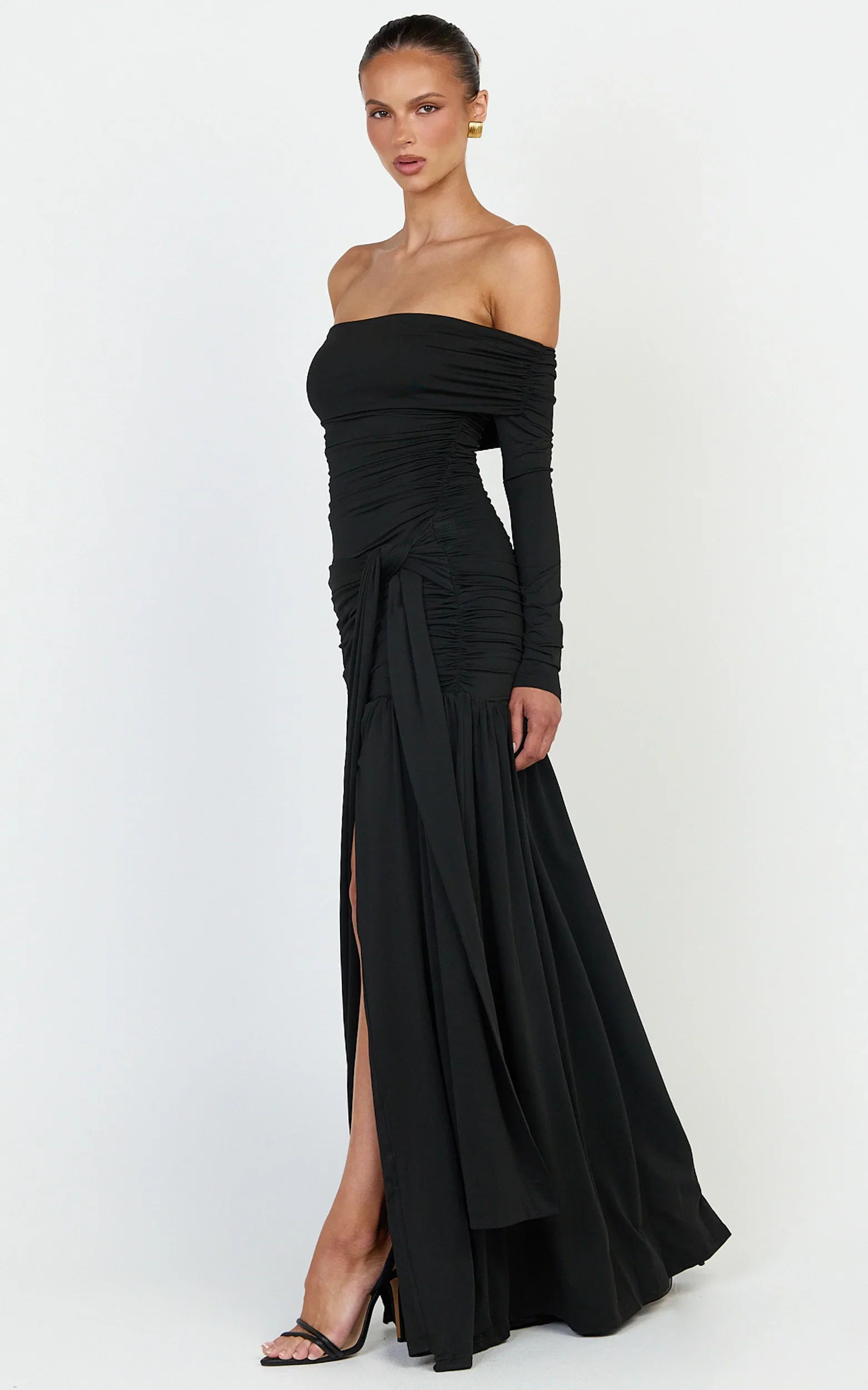 Amaya Maxi Dress - Off Shoulder Draped Long Sleeve Dress in Black