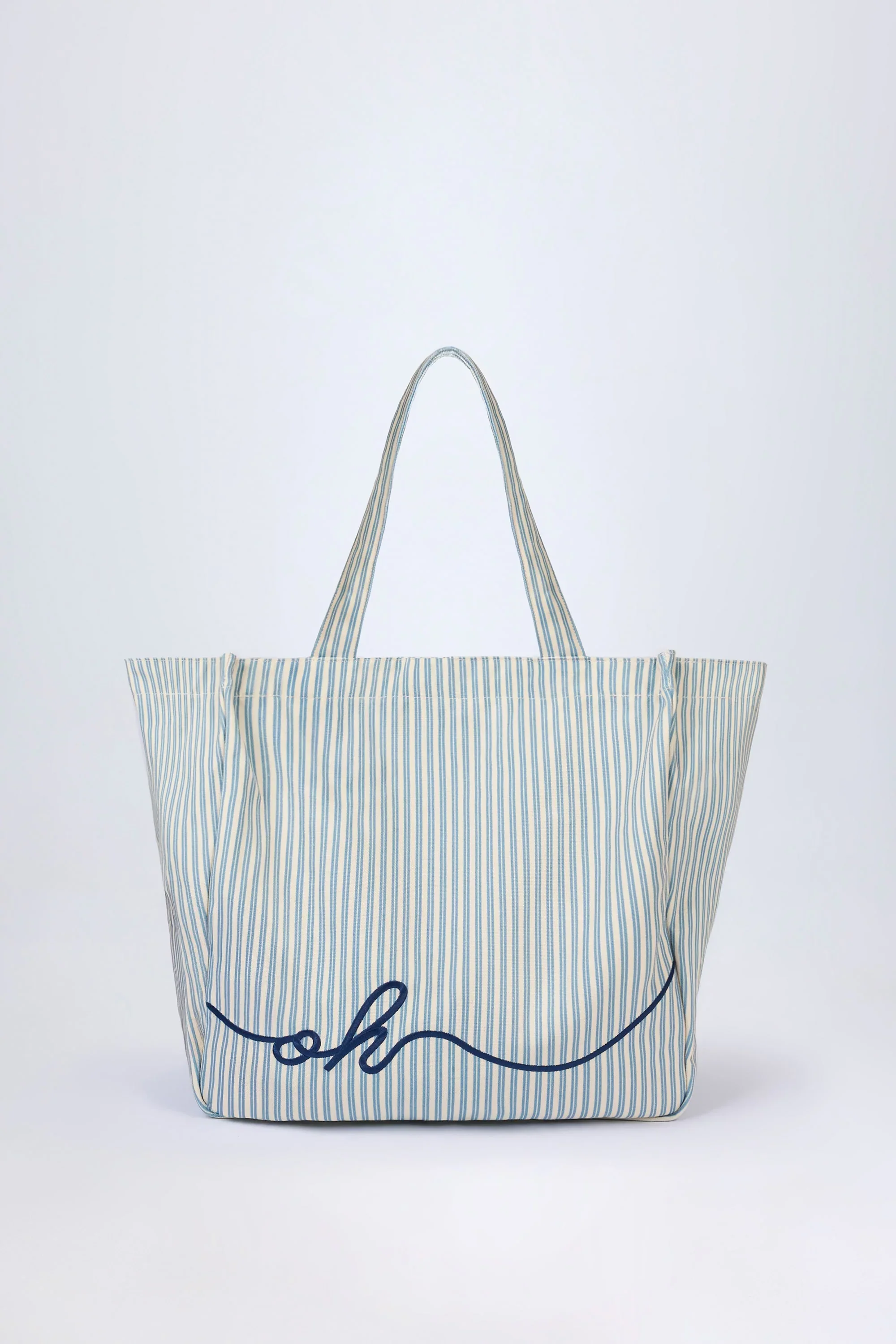 Oversized Canvas Tote Bag in Teal Blue Double Stripe