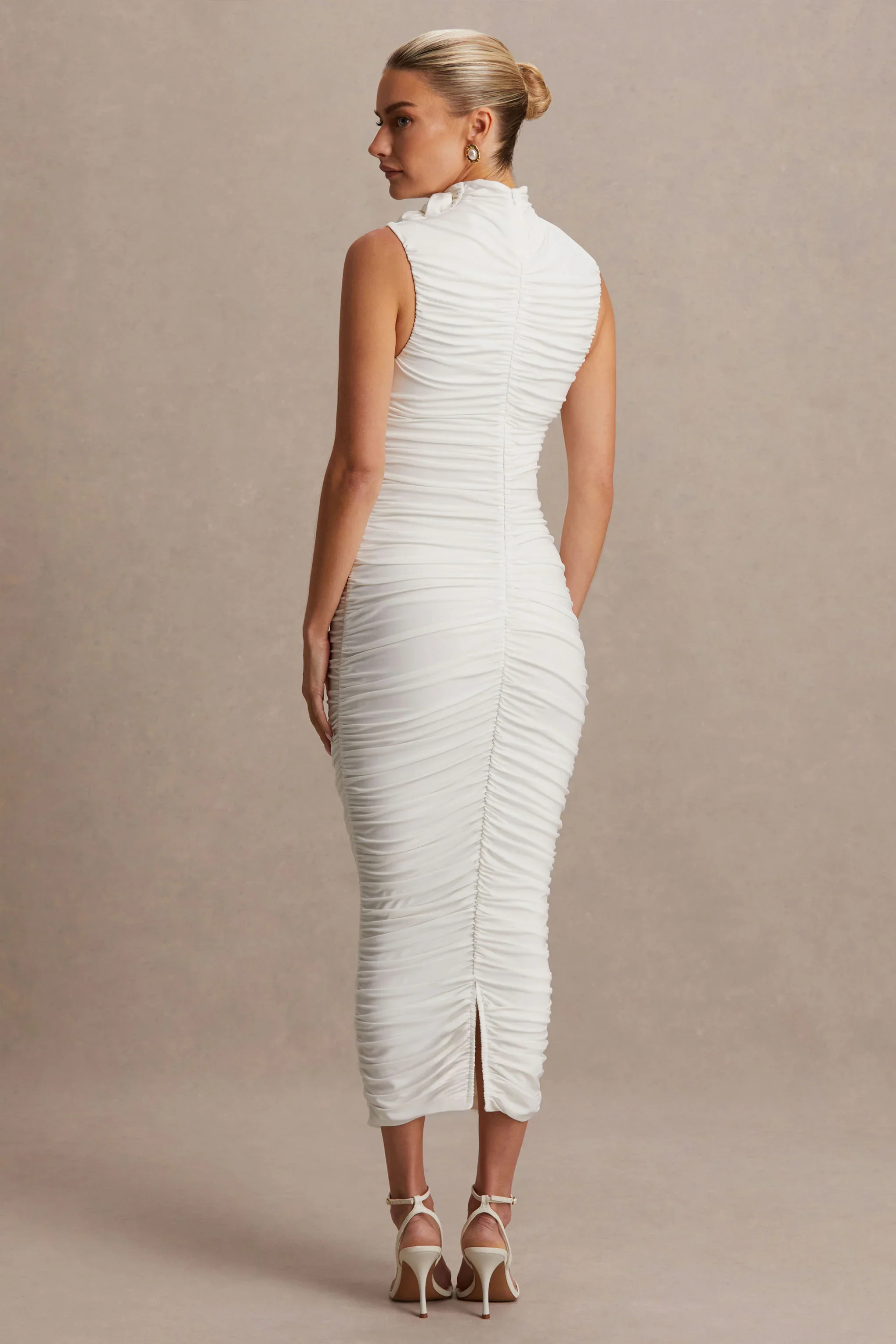 Shellie | White High-Neck Maternity Midi Dress With Corsage Detail