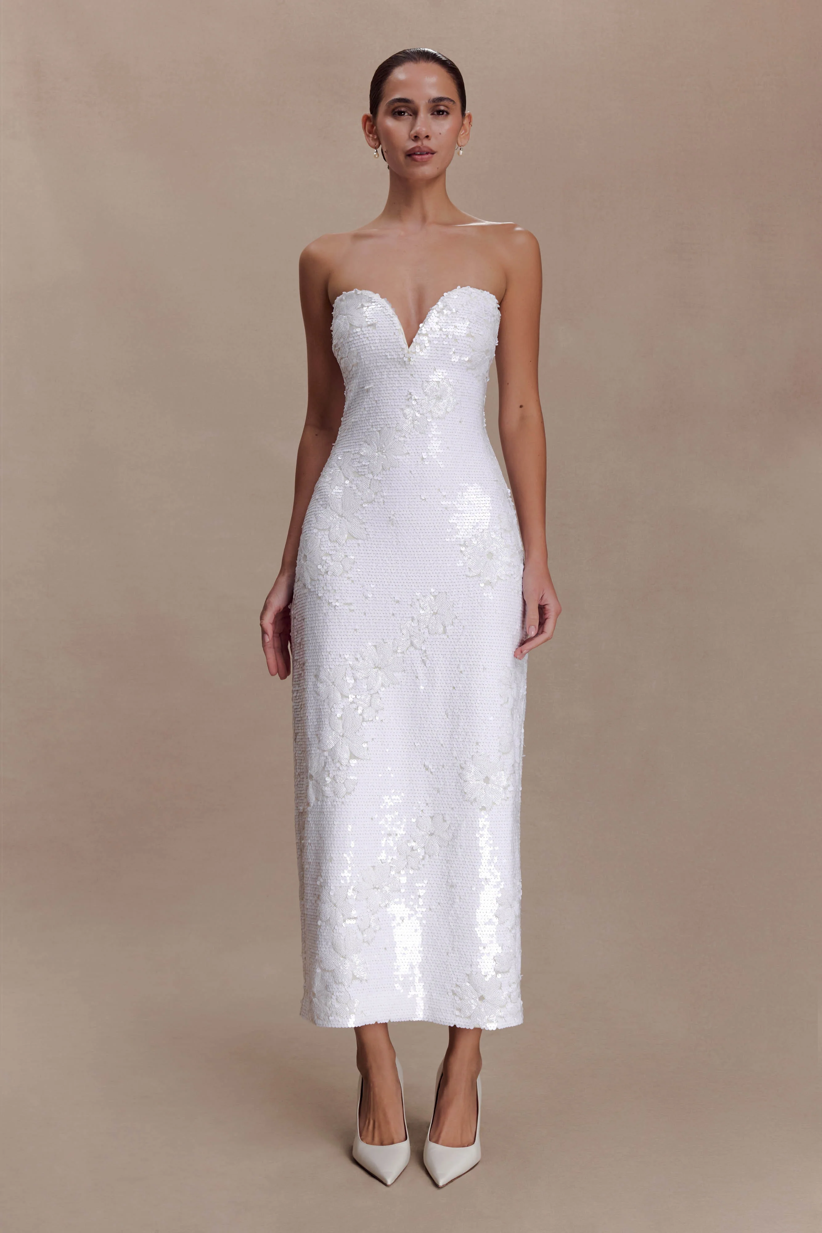 Maisie Strapless Sequin Midi Dress - White