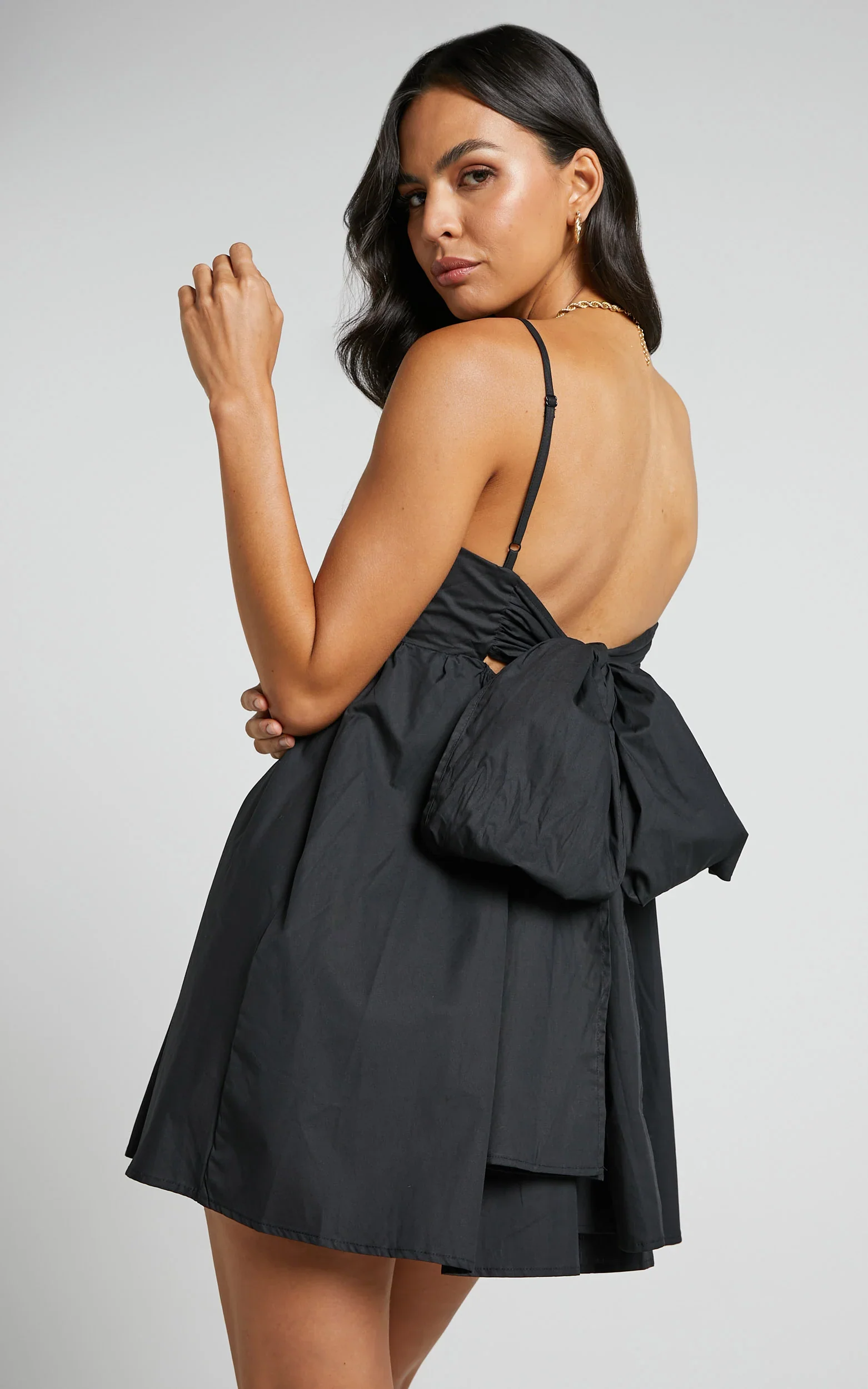 Clover Mini Dress - Back Bow Babydoll Dress in Black