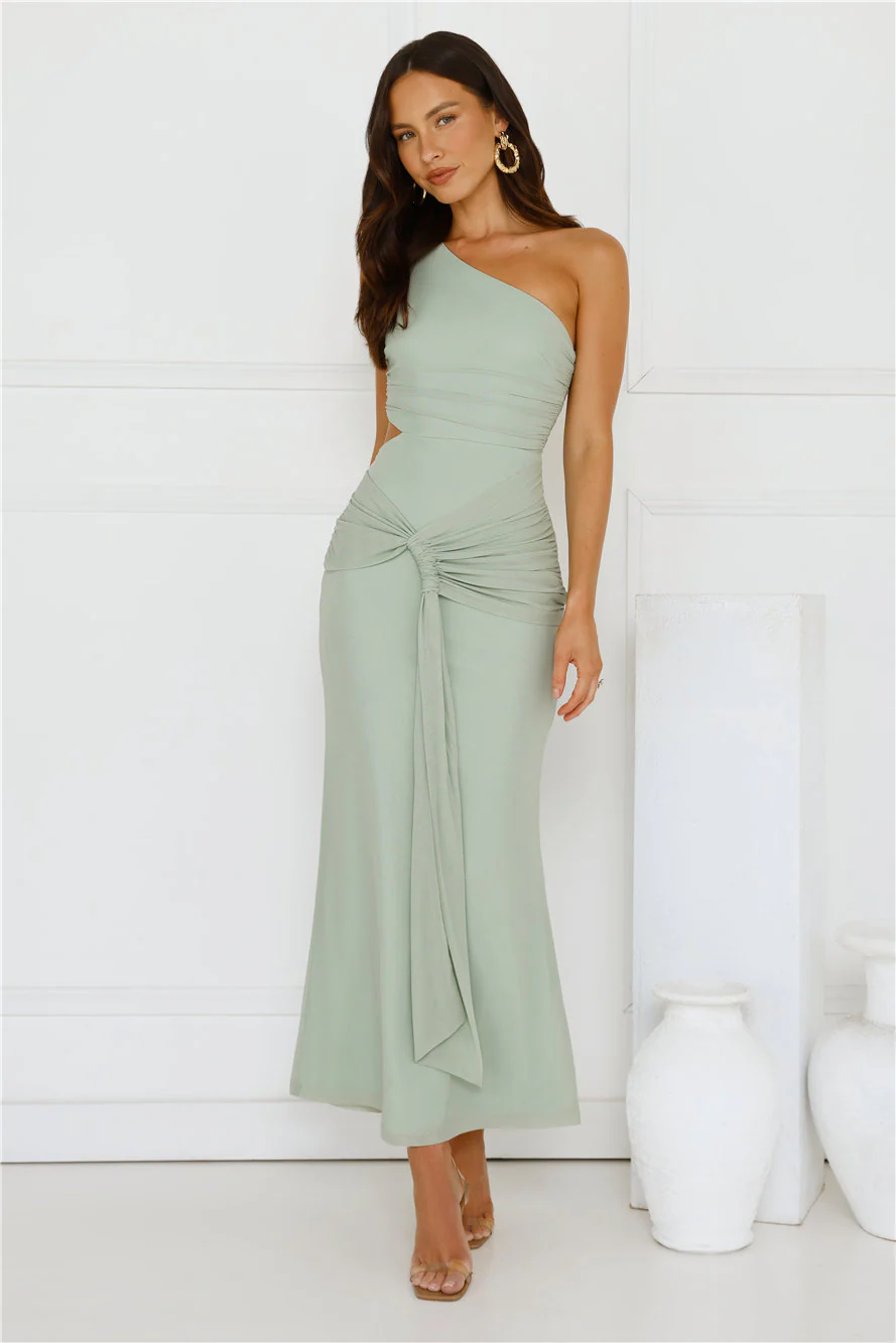 Style Capital One Shoulder Mesh Maxi Dress Sage