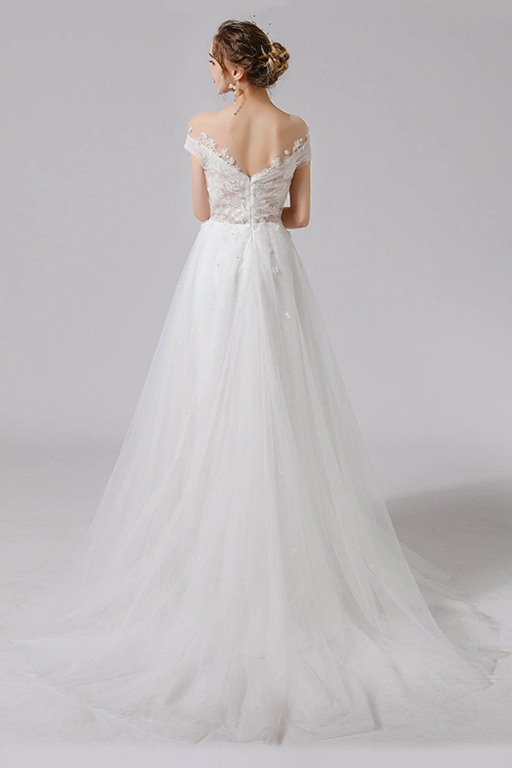 A-Line Sweep-Brush Train Lace Tulle Wedding Dress CW2711
