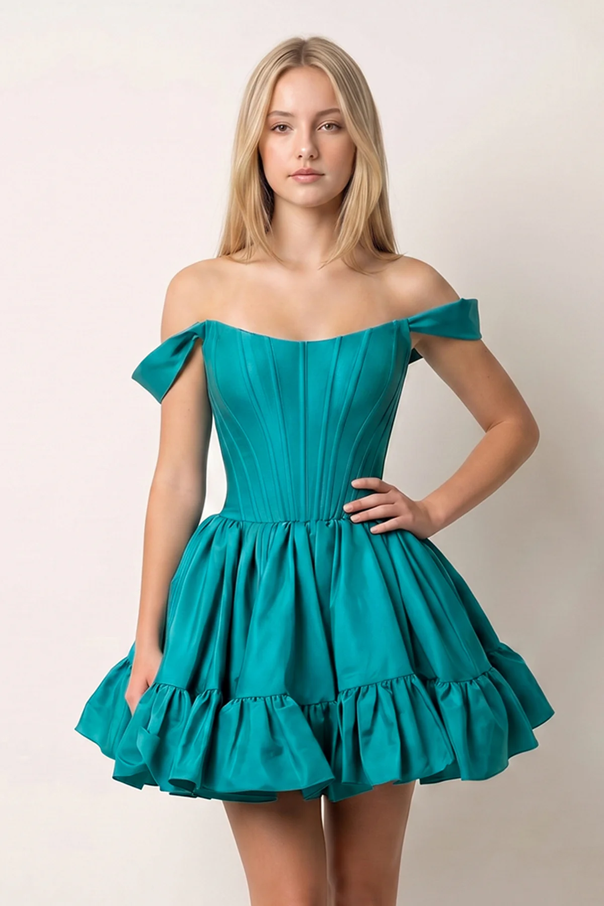 Red Off The Shoulder A Line Pleated Satin Short Homecoming Dress