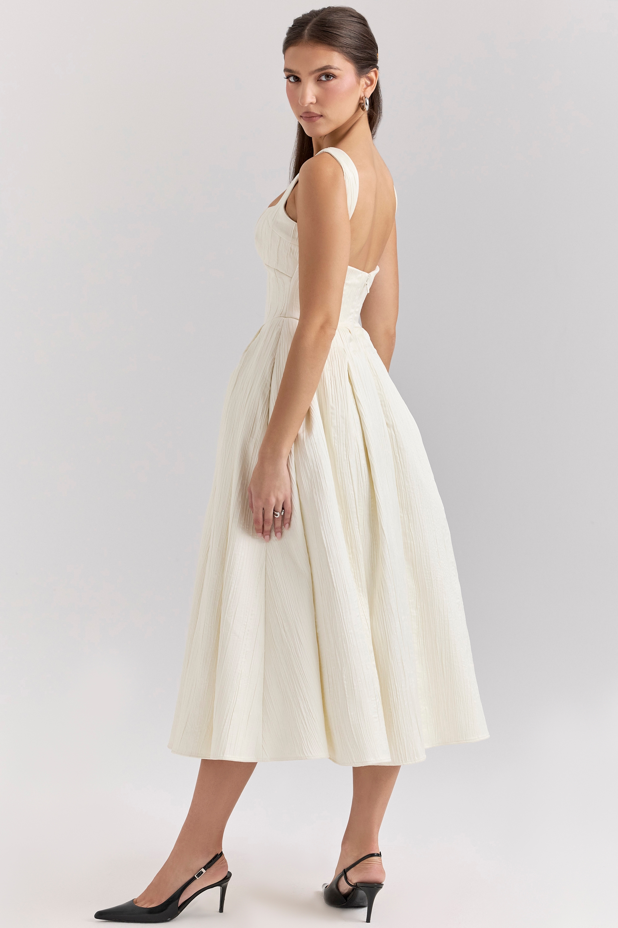 ivory textured satin corset midi dress
