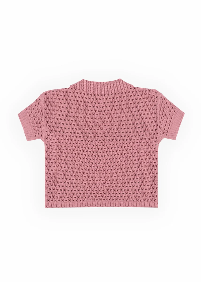 Short-Sleeve Crochet Collared Sweater Top