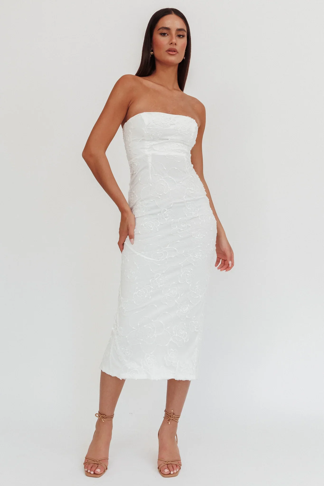 Bia Strapless Embroidered Midi Dress White