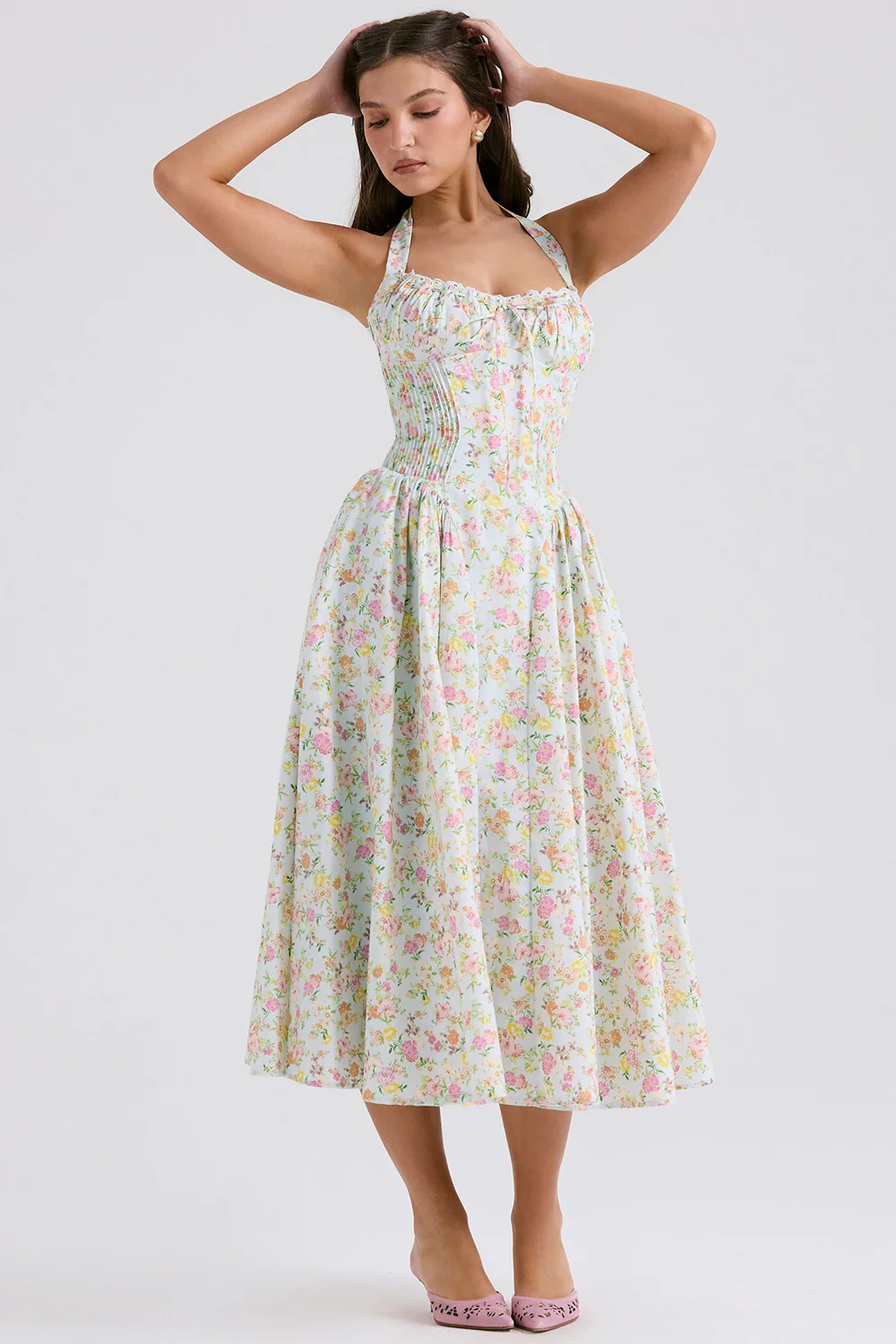 Pale Blue Meadow Print Cotton Halter Sundress