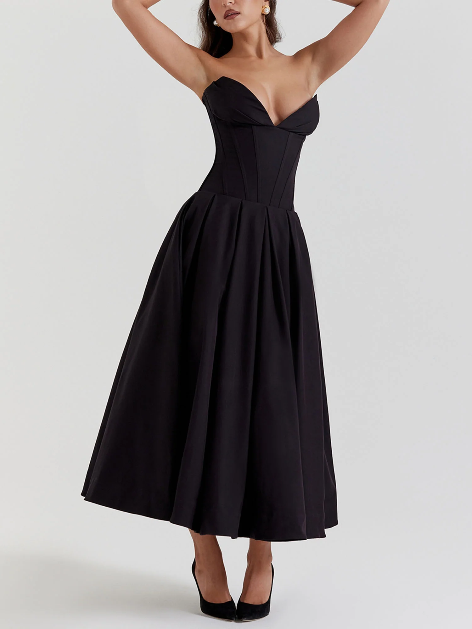 Black Strapless Fit-and-Flare Midi Dress