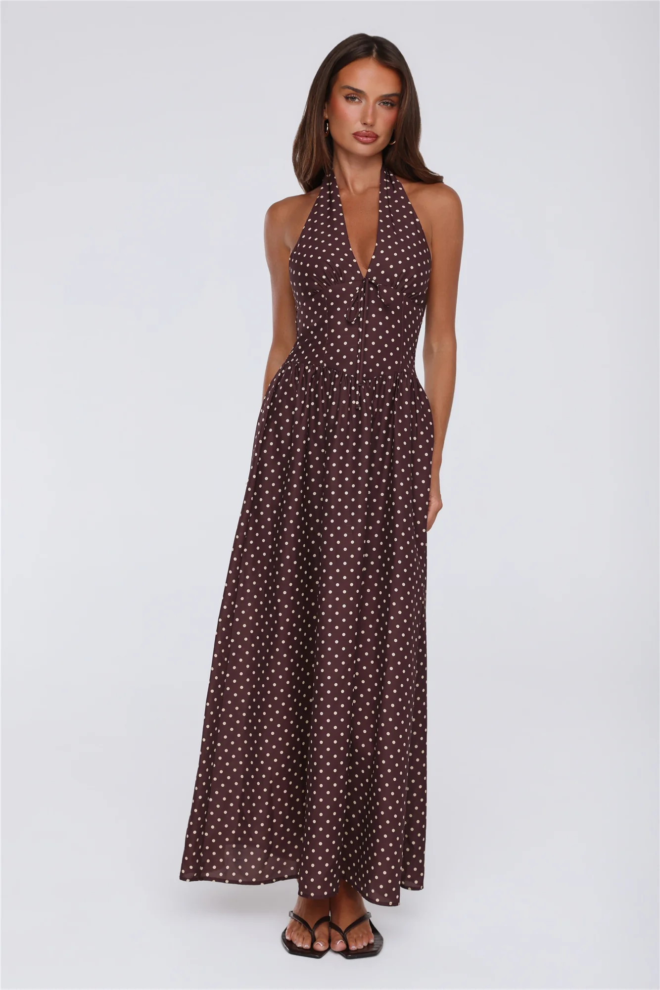 Yes To Polka Dots Halter Maxi Dress Brown - luluinthesky