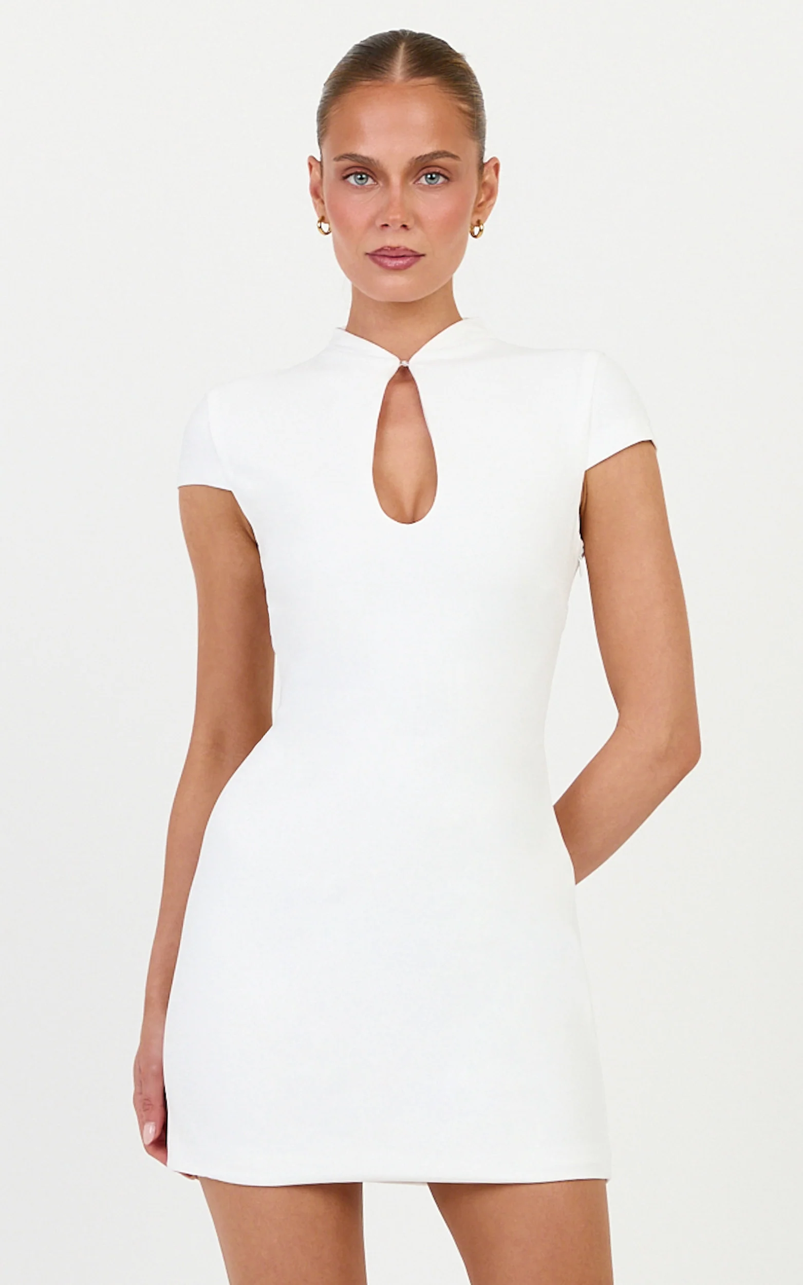 Briony Mini Dress - High Neck Front Key Hole Fitted Dress in Black