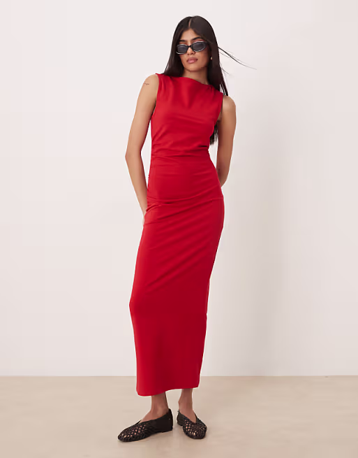 ruched side midi dress with slash neck in red