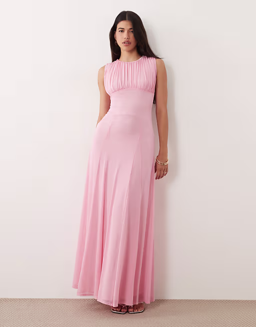 mesh gathered detail maxi dress in baby pink