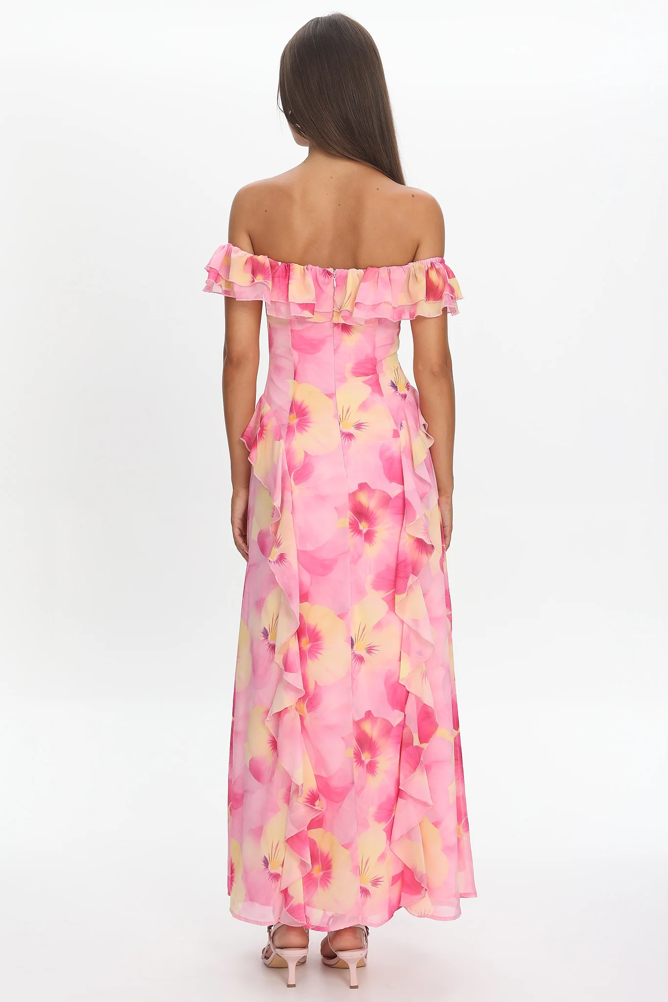 Scarlet Off-Shoulder Ruffle Trim Maxi Dress Print Pink