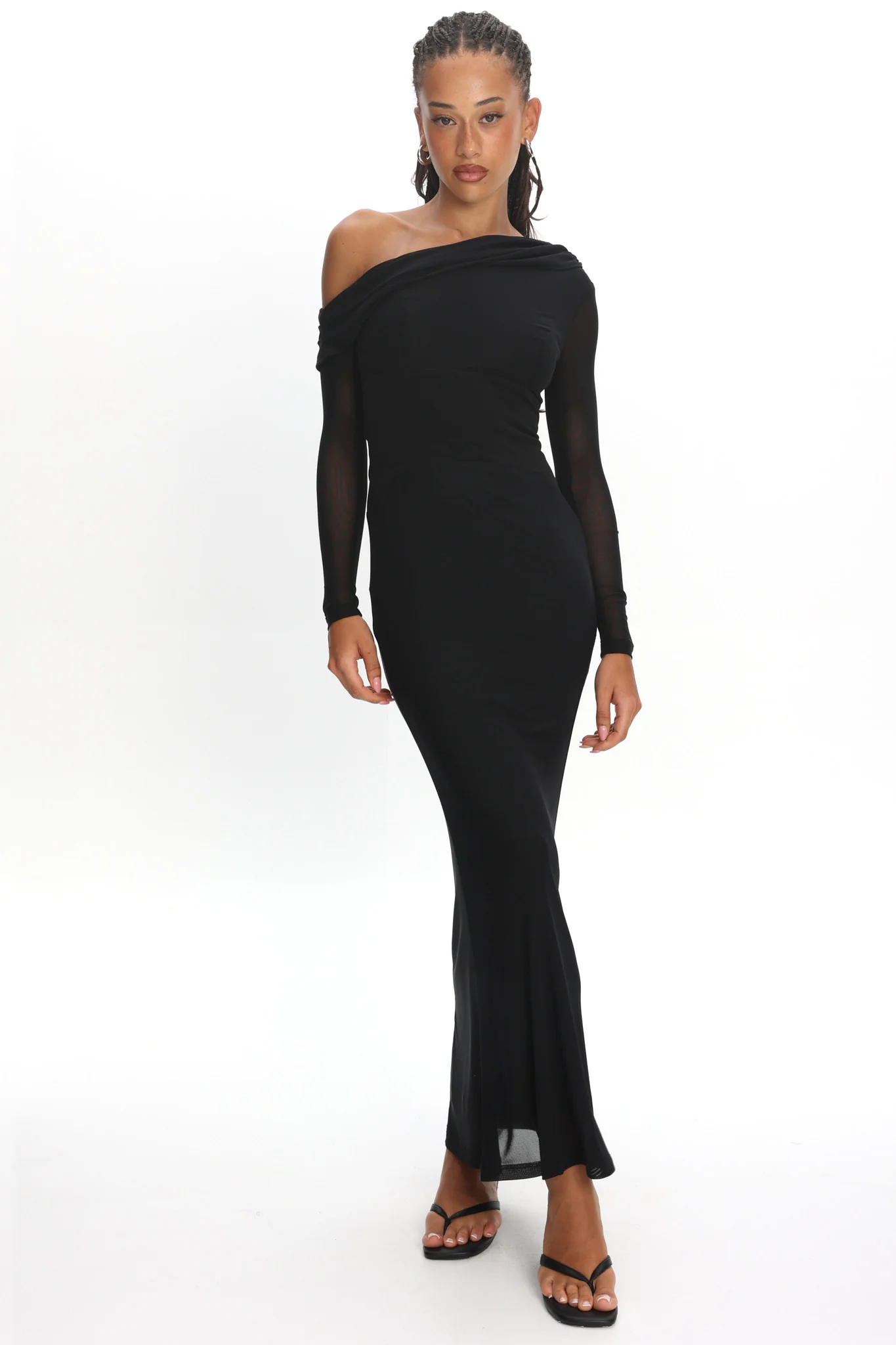 Milos Asymmetric Neckline Long Sleeve Maxi Dress Black
