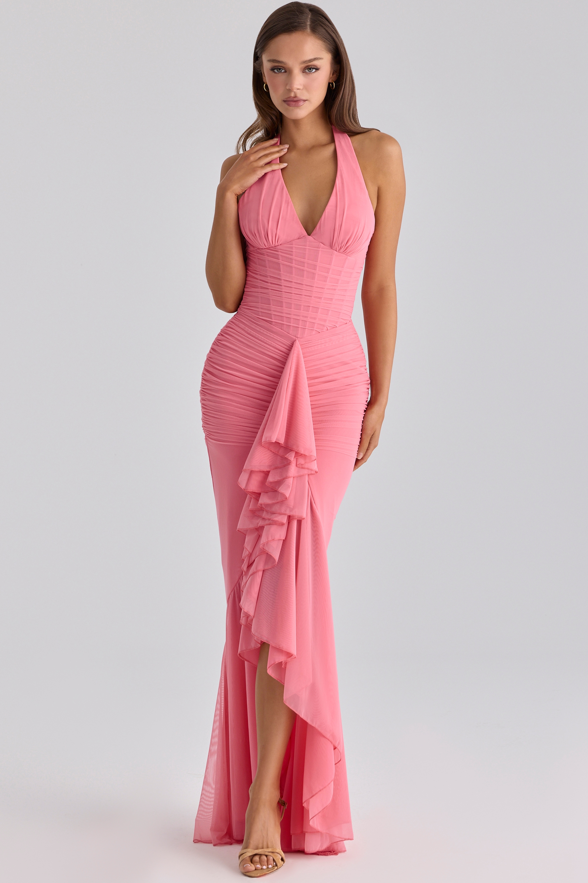 raspberry mesh halter neck waterfall maxi dress