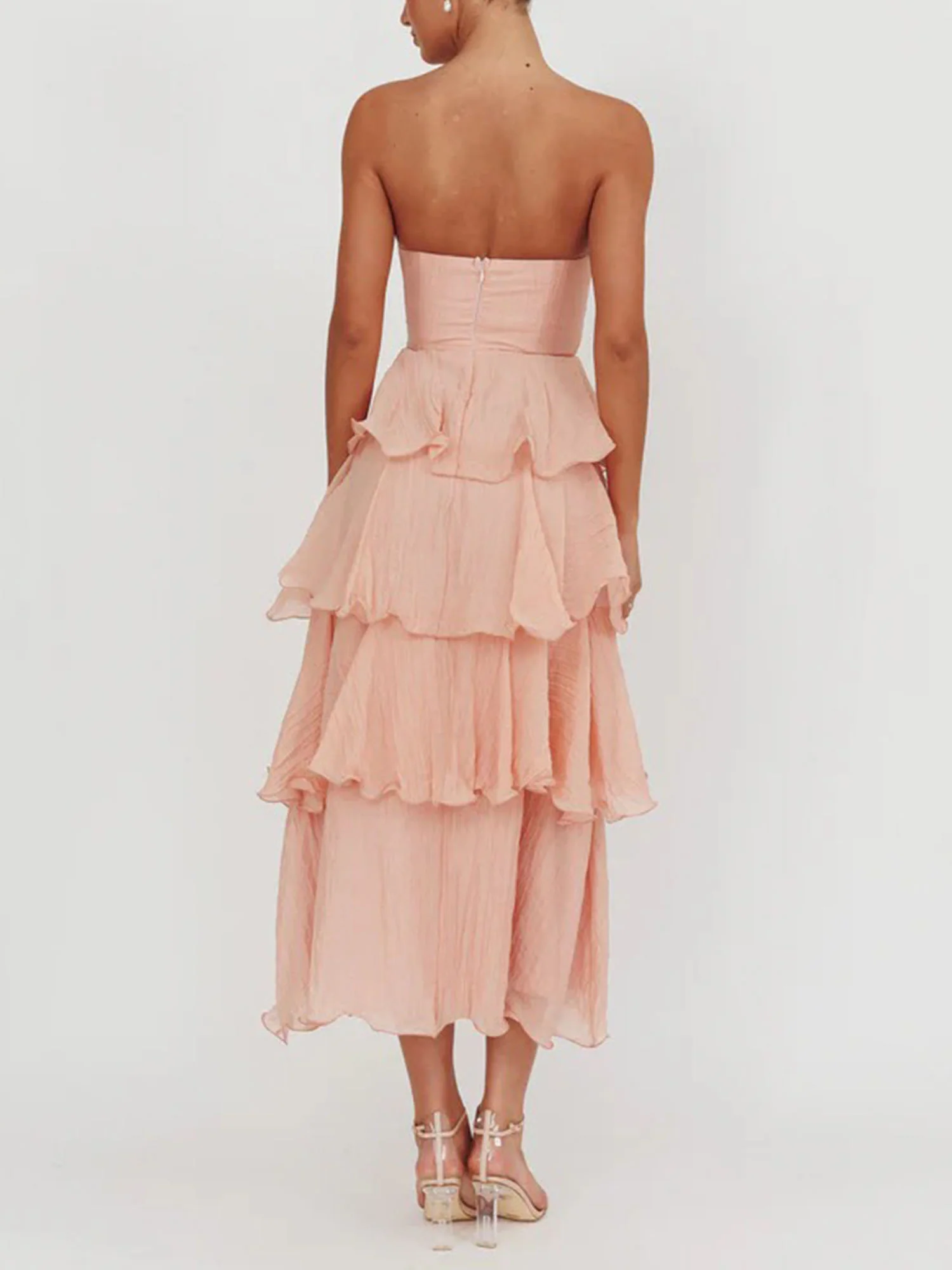 Light Pink Strapless Tiered Midi Dress