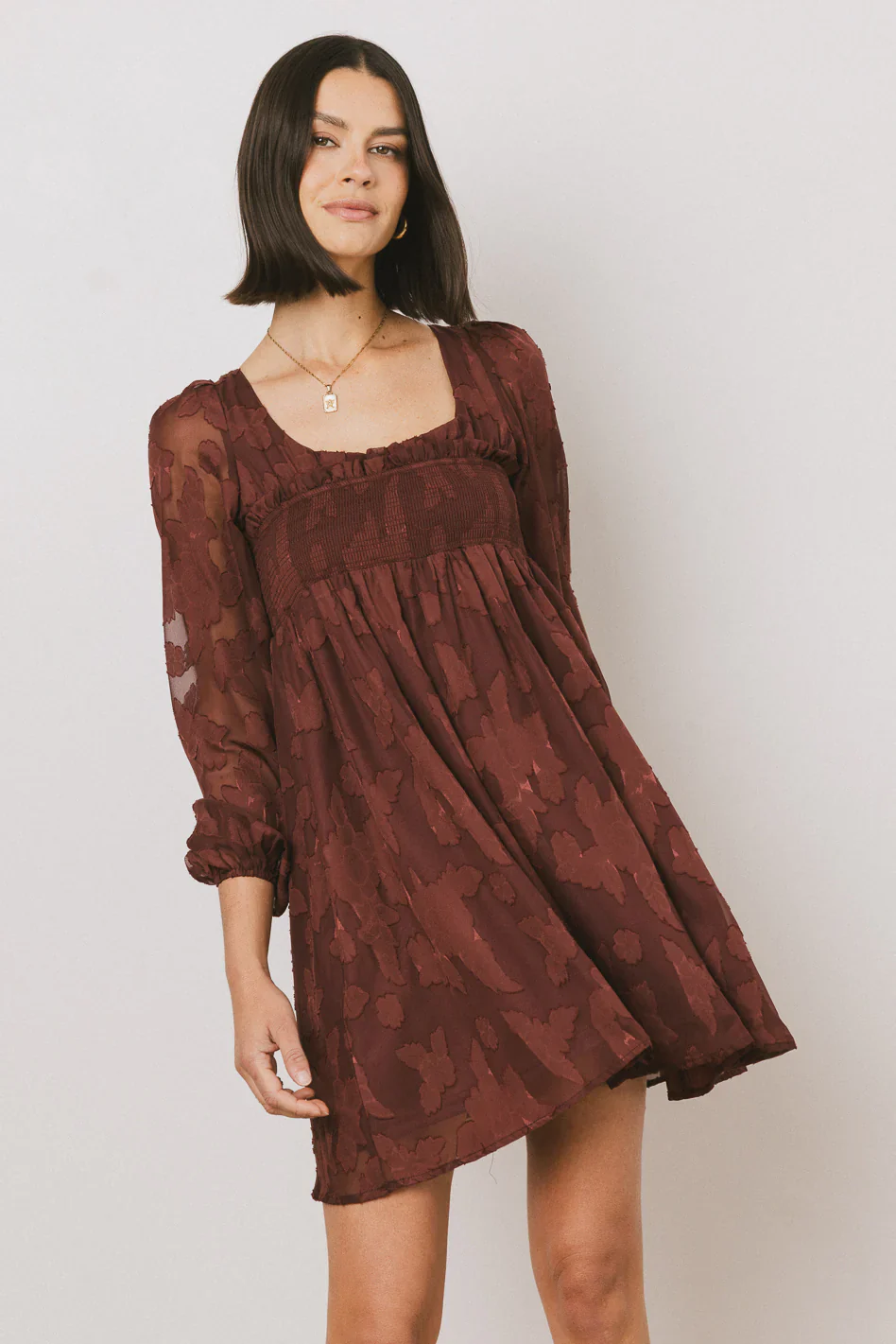 Miles Smocked Mini Dress in Red-Brown