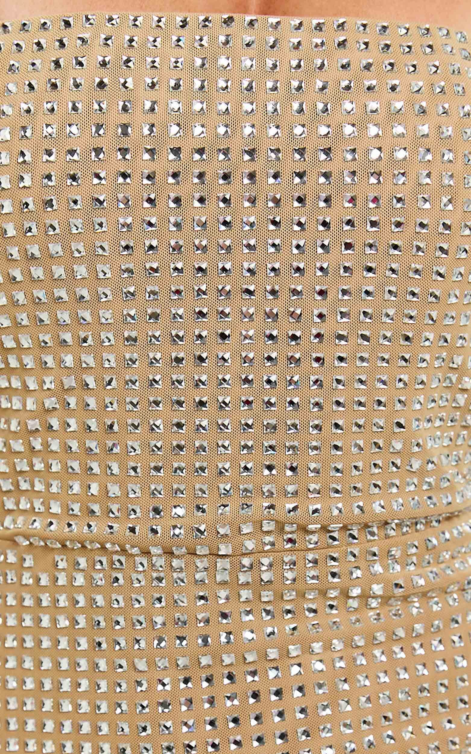 Hudson Mini Dress - Diamante Square Neck Bodycon Dress in Nude