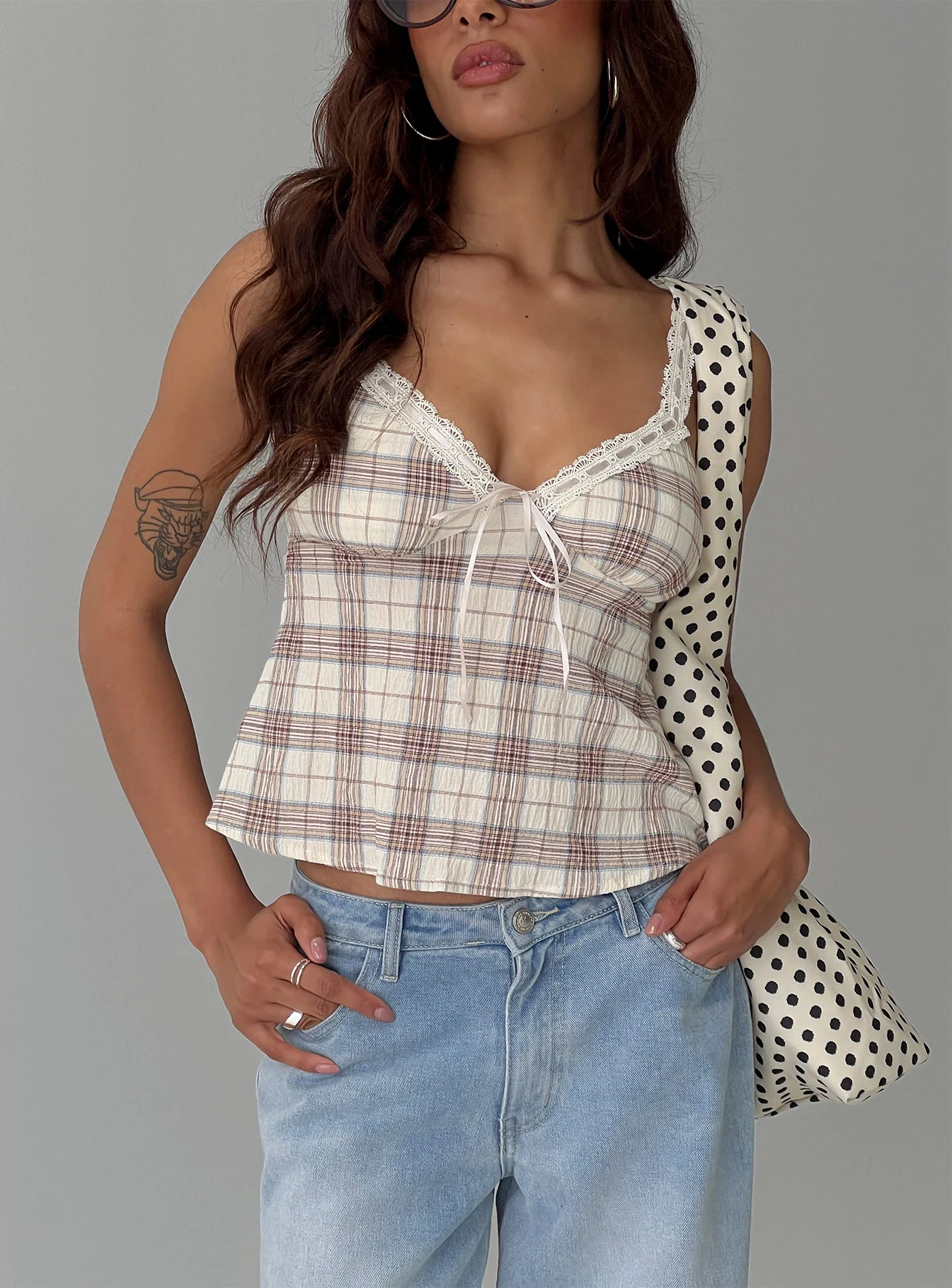 Pretty It Up Tie Detail Top Beige Check