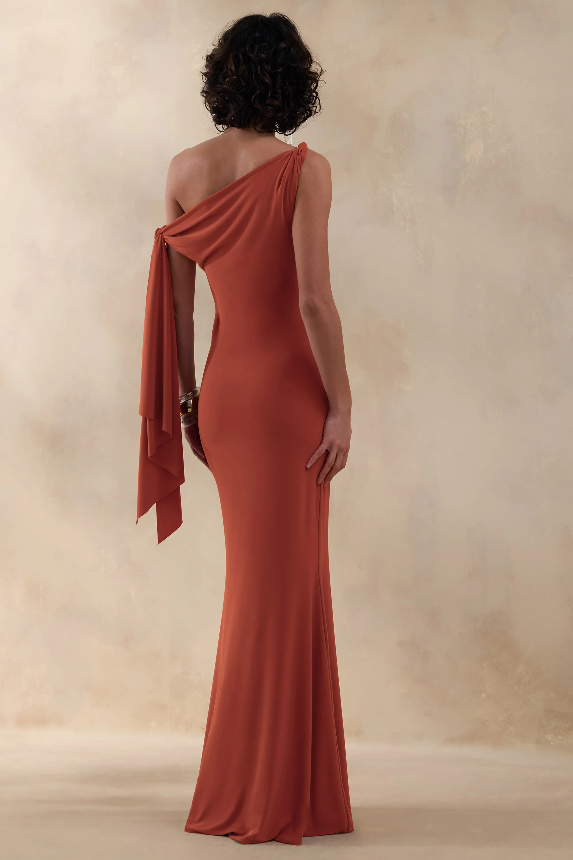 Vista | Rust Asymmetric-Neck Maxi Dress With Knot-Sleeve Detail
