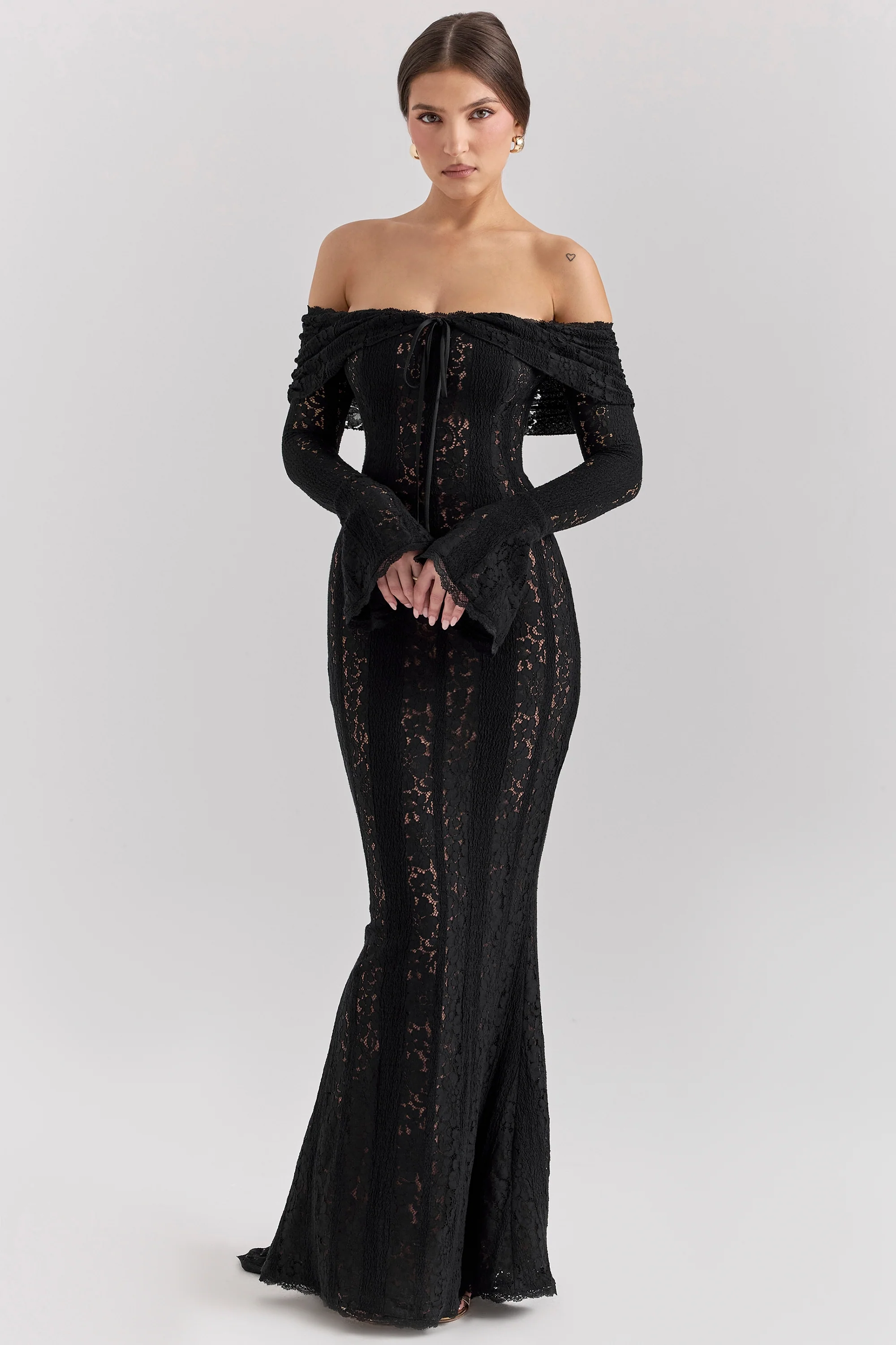 Black Off Shoulder Floral Lace Maxi Dress
