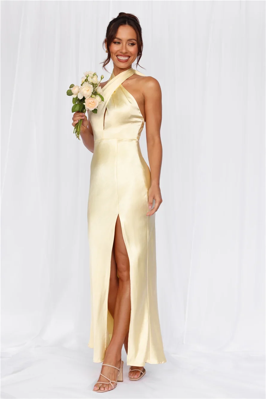The Adeline Halter Satin Maxi Dress Yellow