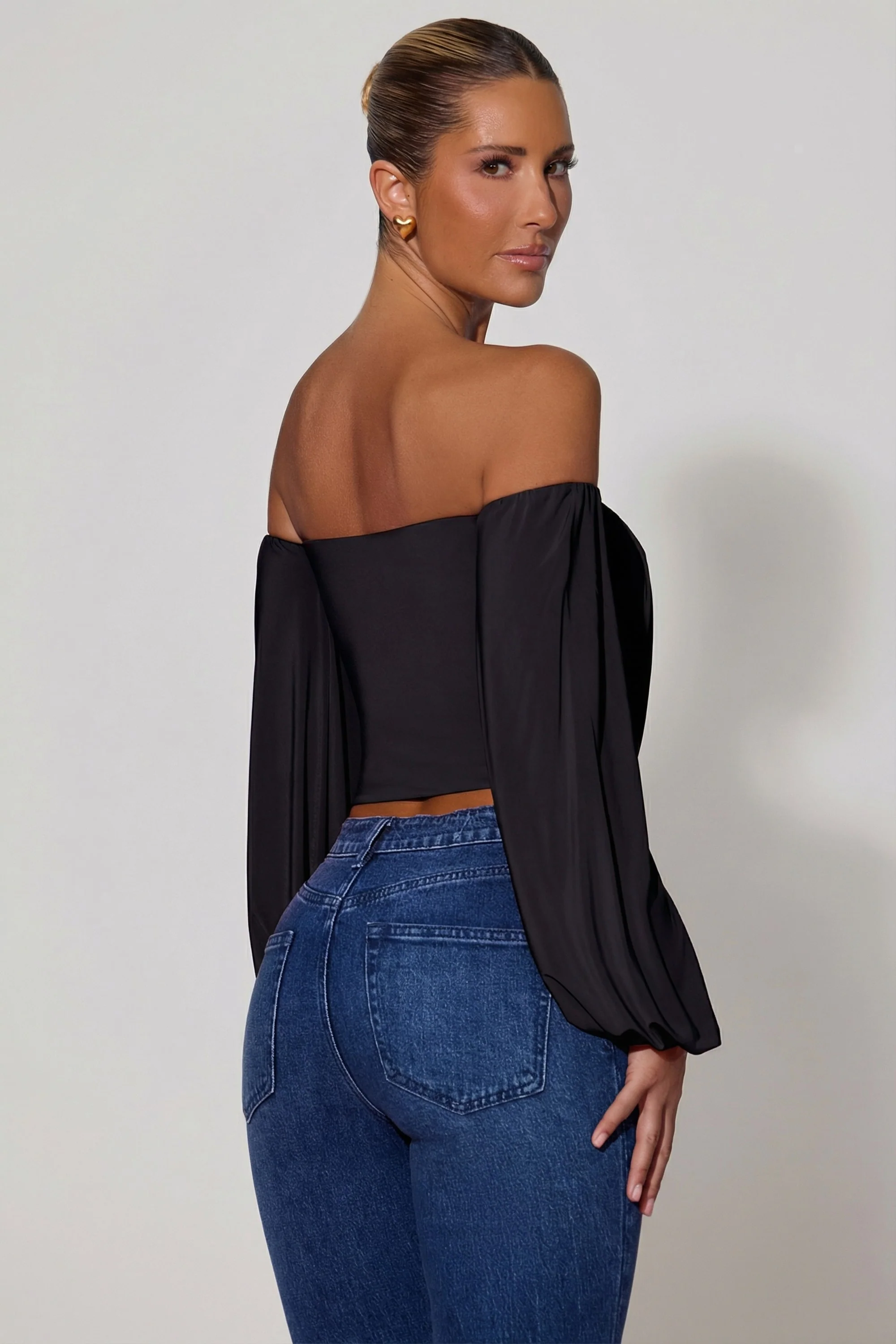 Off-Shoulder Draped Balloon-Sleeve Top in Black