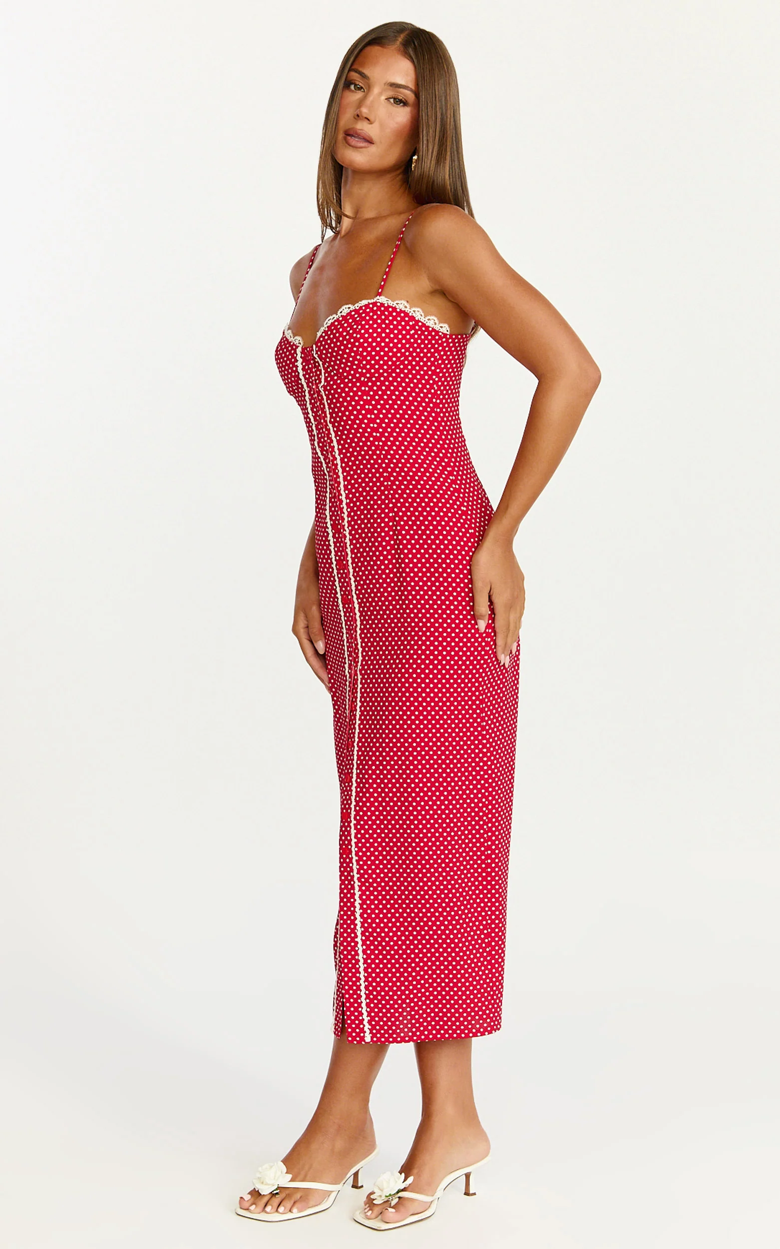 Camille Midi Dress - Button Front Bustier Lace Trim Fitted Dress in Red