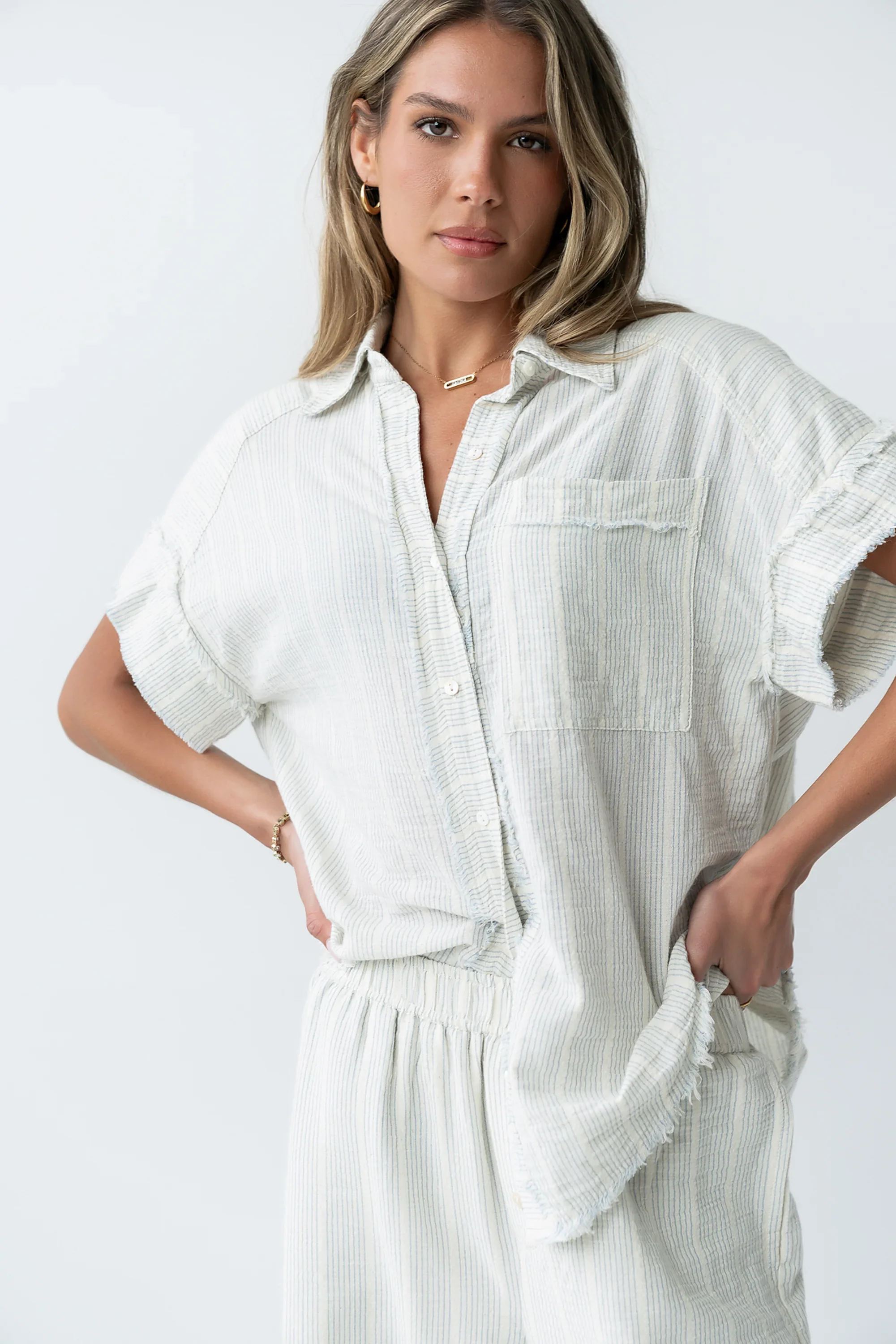 Belen Striped Button Up in Denim Blue