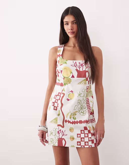 square neck bodycon mini sundress in mixed strawberry print