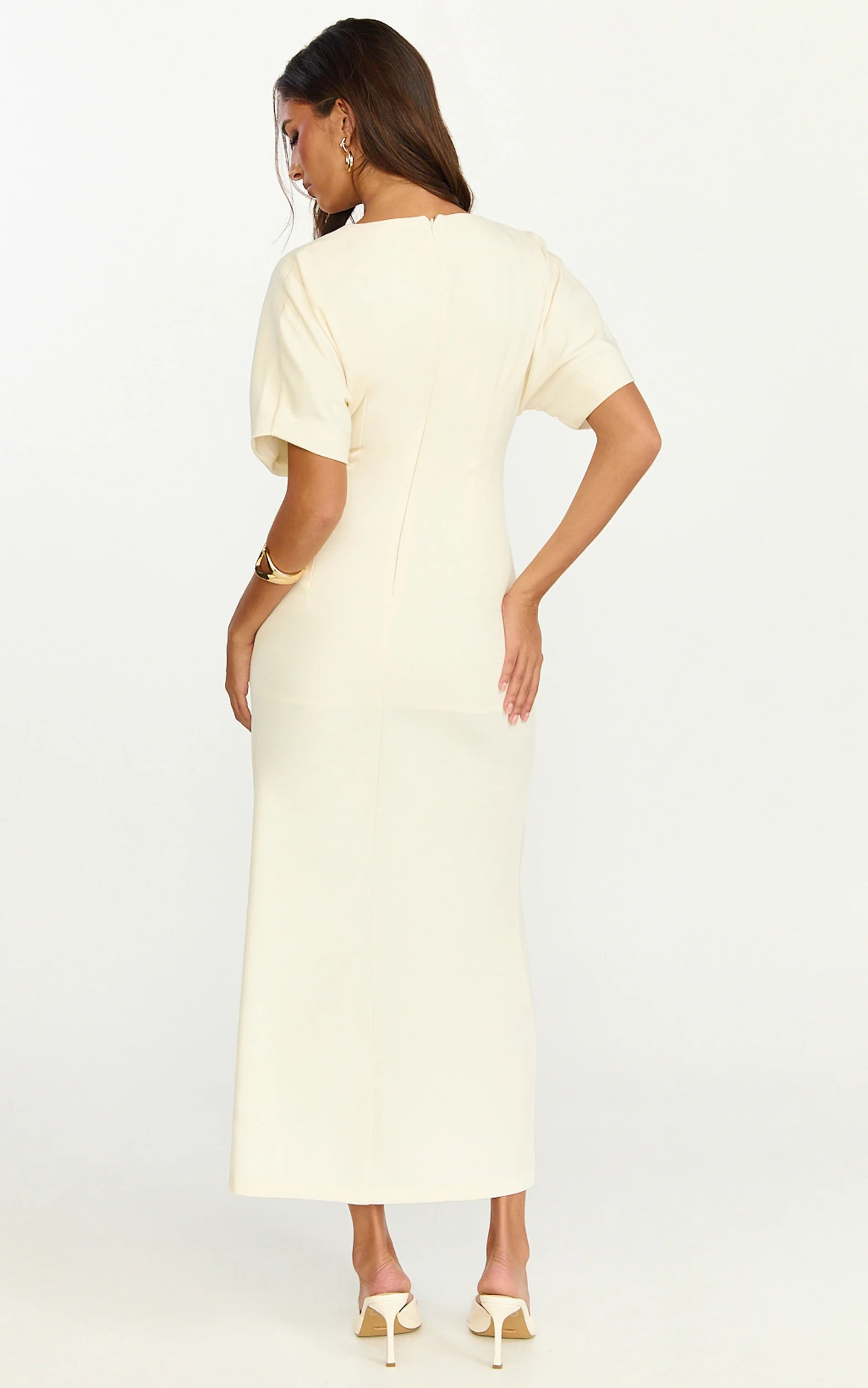 Makayla Midi Dress - Low Cut Button Down Midi Dress in Cream