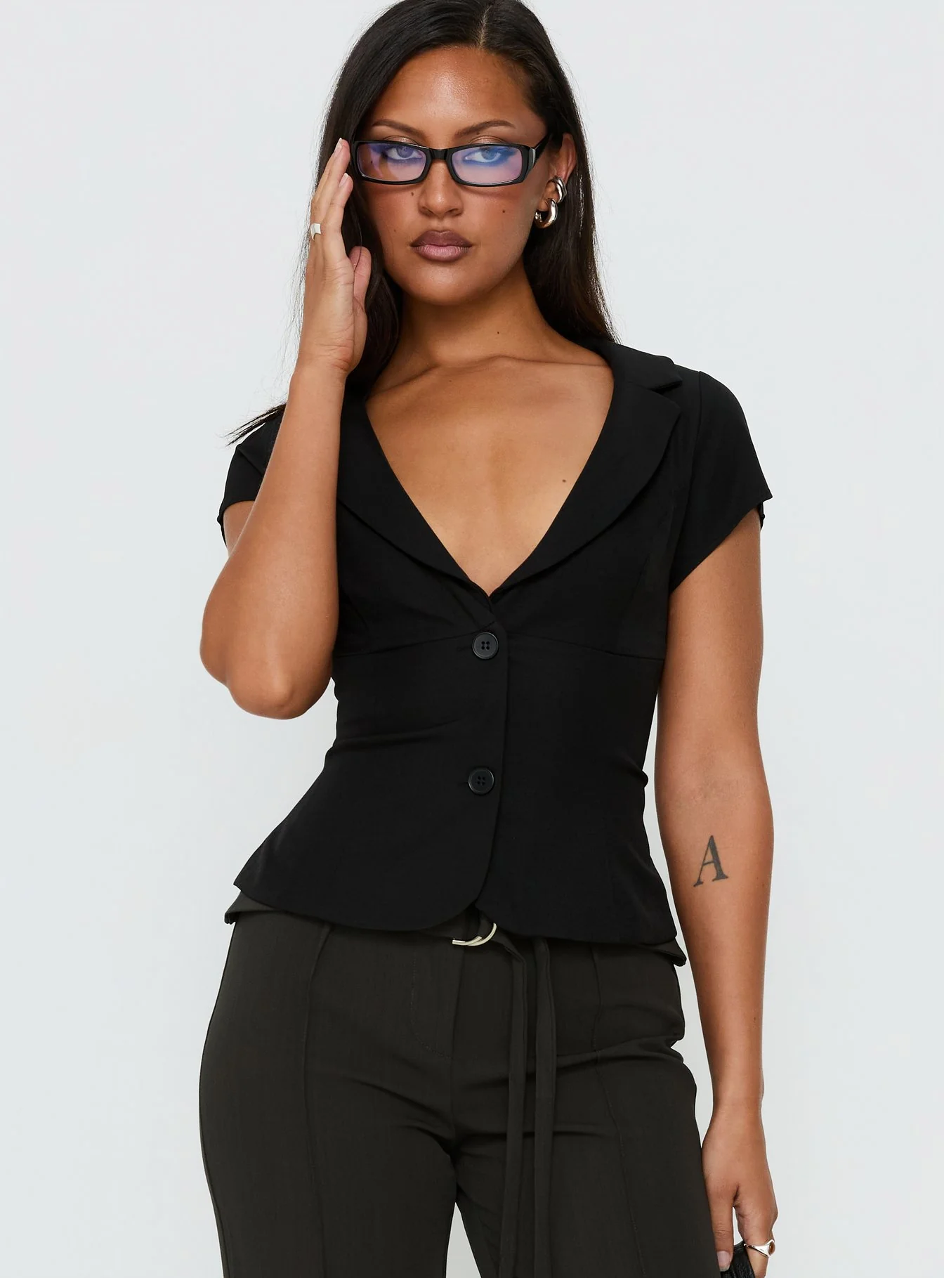Alexandrea Plunge Button Up Top Black
