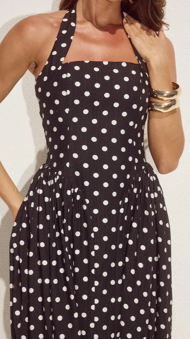 Sammi Halter Midi Dress - Black/White Polka