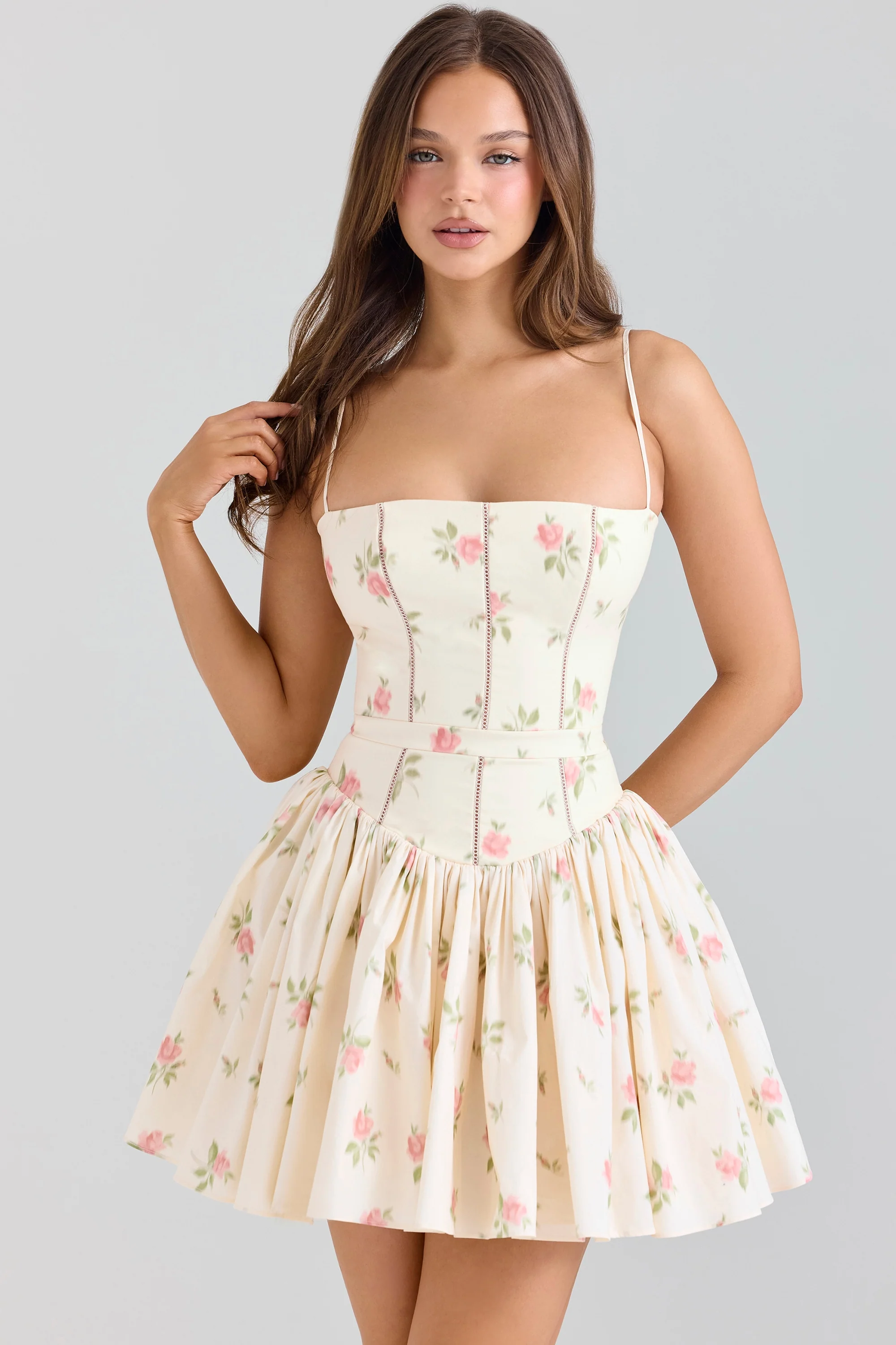 Cream Rose Print Stretch Cotton Mini Sundress